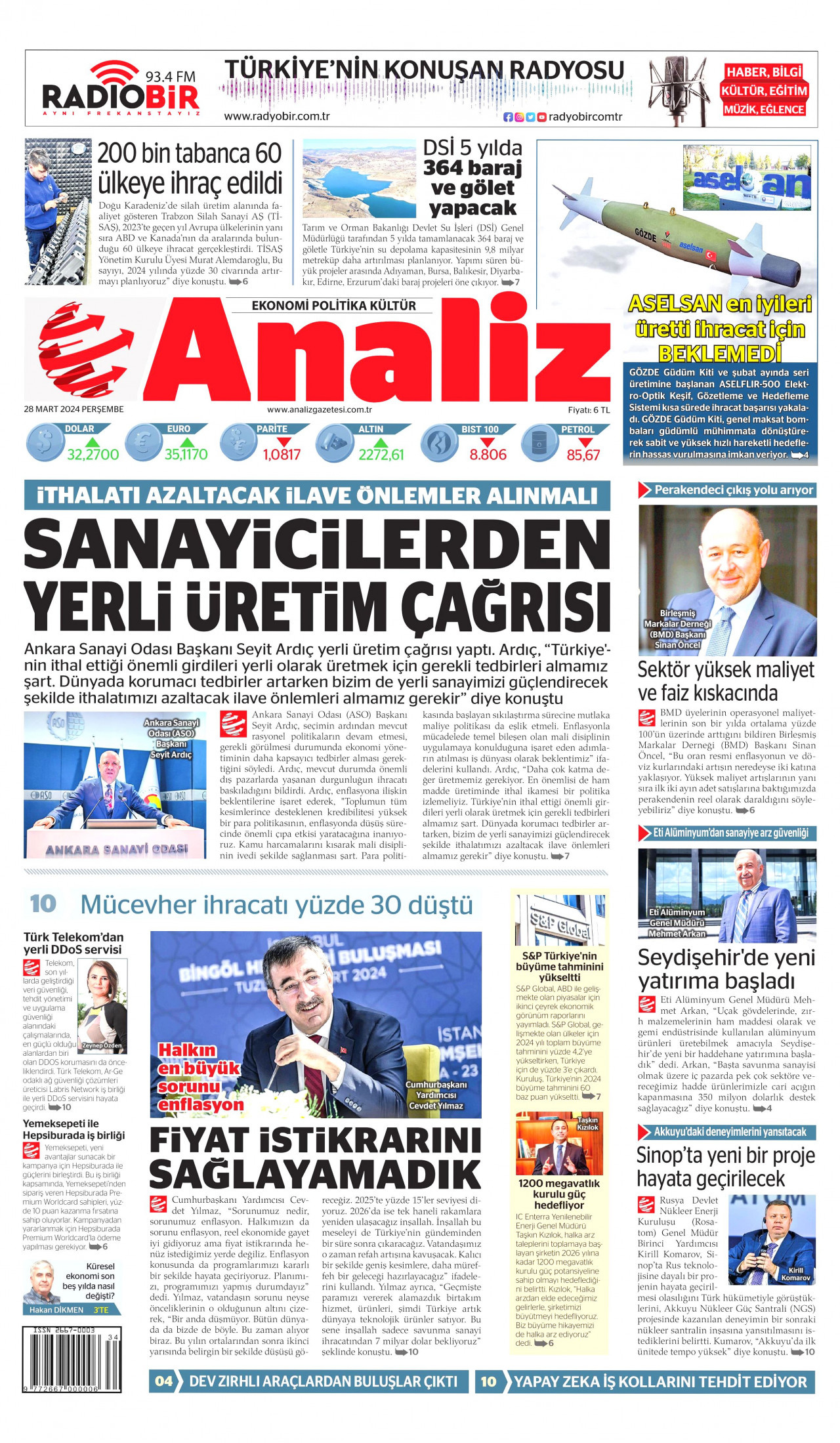 ANALİZ gazetesinin 28 Mart 2024 tarihli birinci sayfası