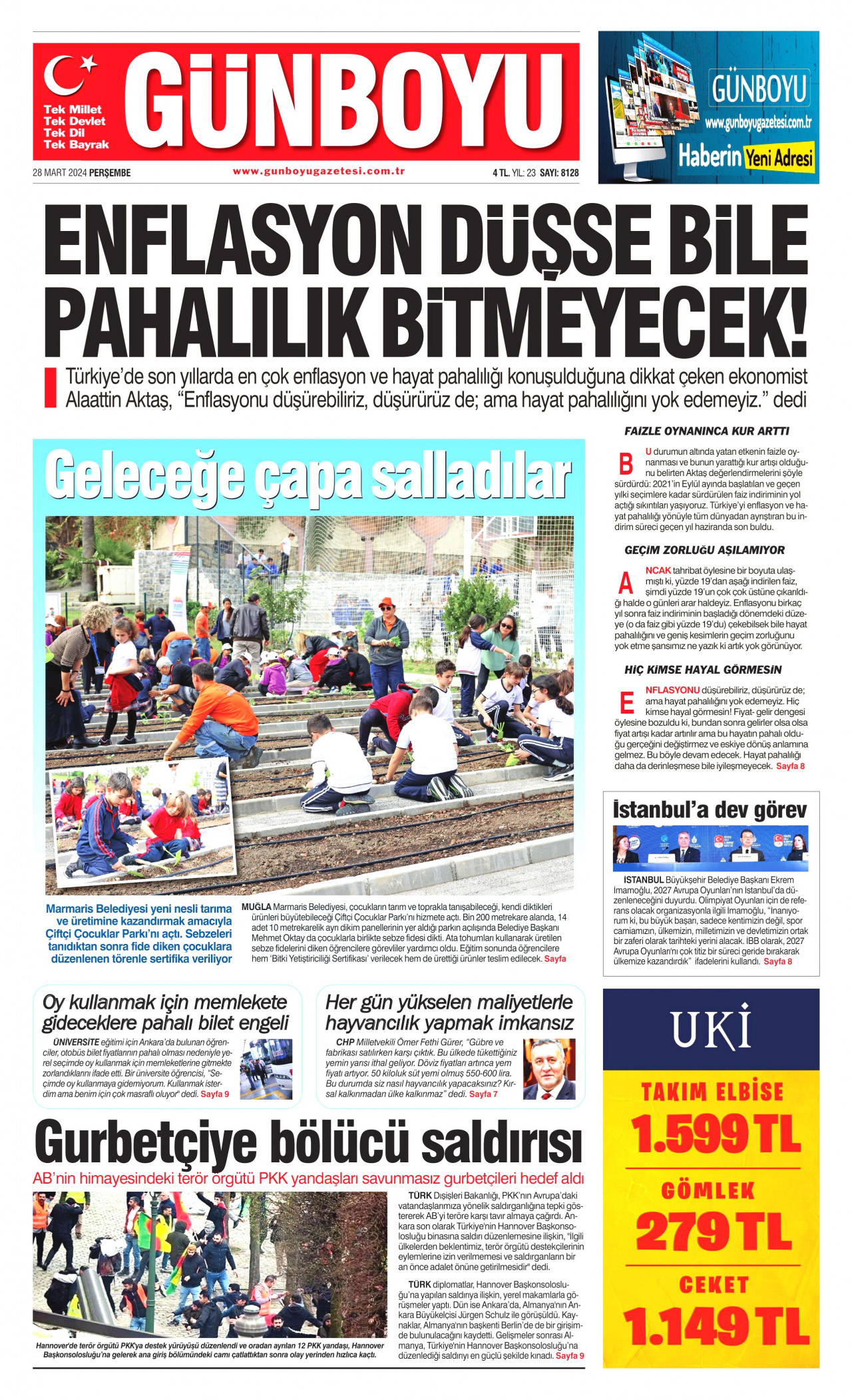 GÜNBOYU gazetesinin 28 Mart 2024 tarihli birinci sayfası