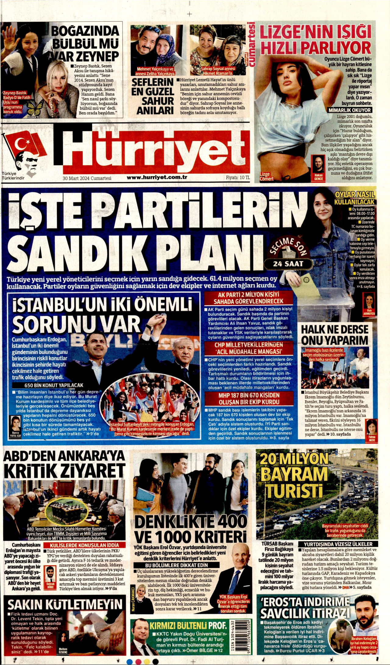 HÜRRİYET gazetesinin 30 Mart 2024 tarihli birinci sayfası