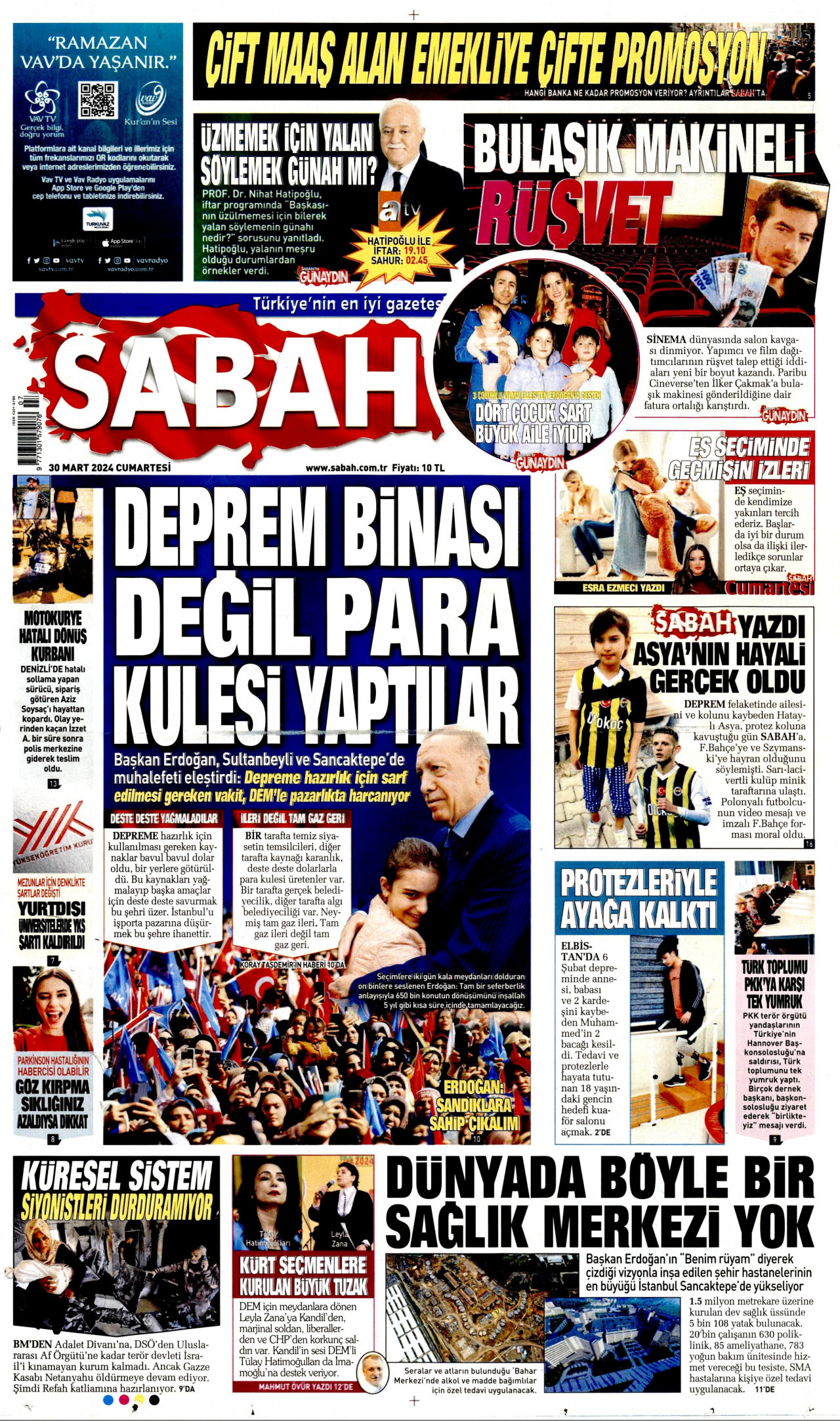 SABAH gazetesinin 30 Mart 2024 tarihli birinci sayfası