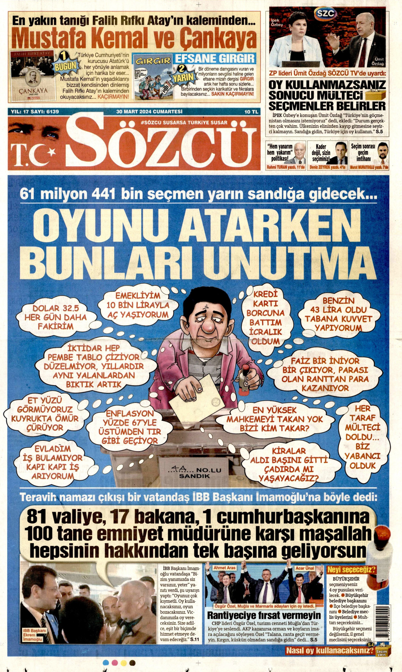 SÖZCÜ gazetesinin 30 Mart 2024 tarihli birinci sayfası