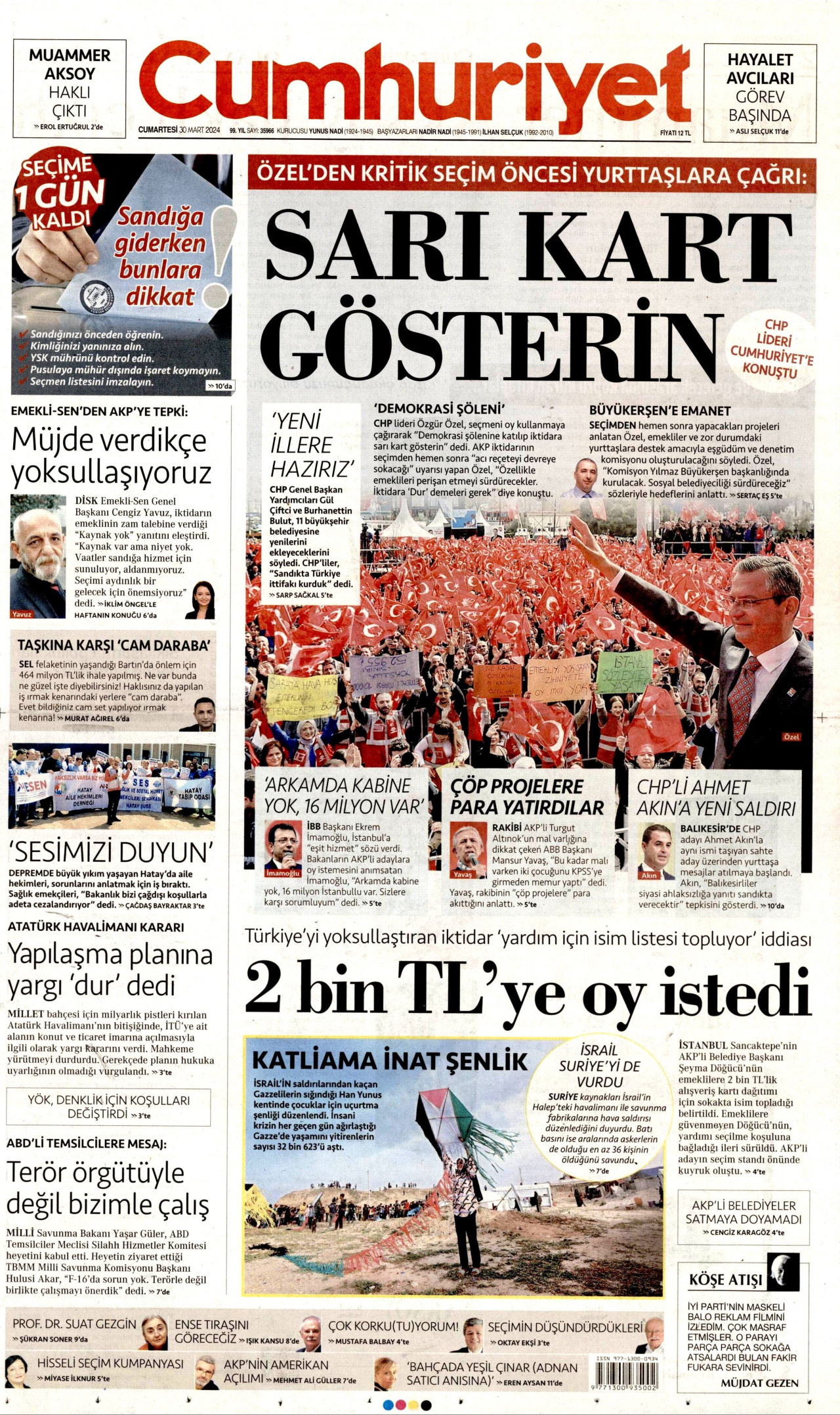 CUMHURİYET gazetesinin 30 Mart 2024 tarihli birinci sayfası