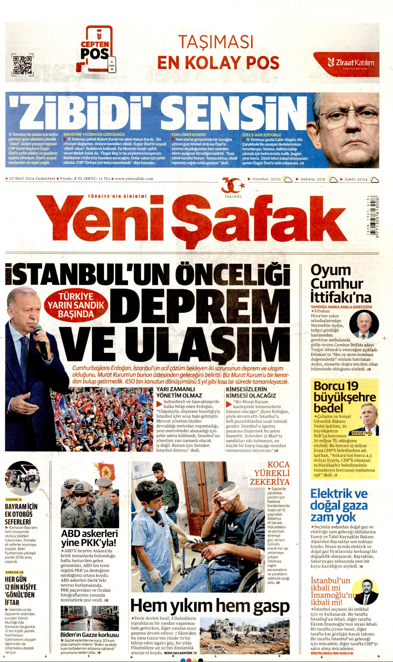 YENİ ŞAFAK gazetesinin 30 Mart 2024 tarihli birinci sayfası