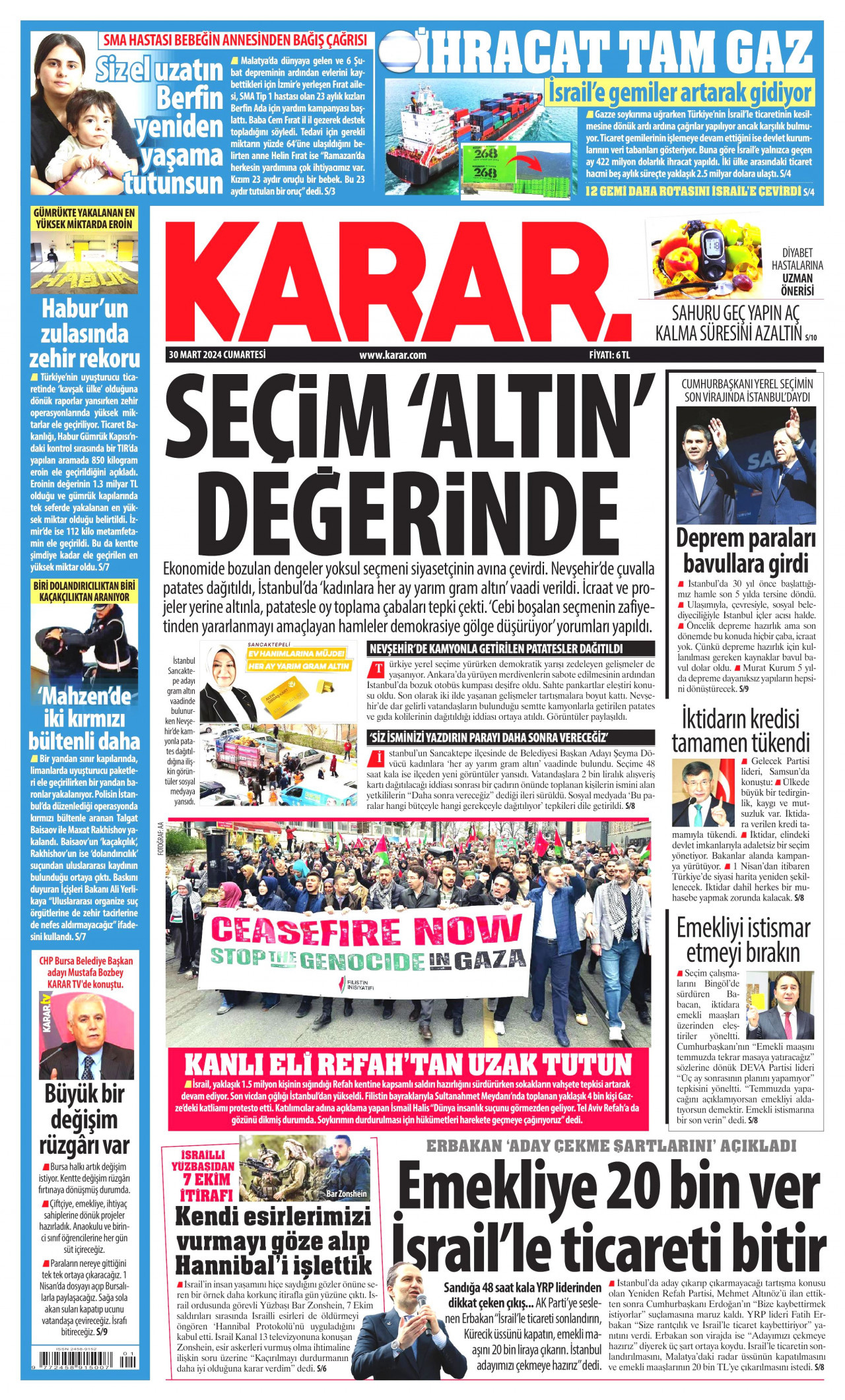 KARAR gazetesinin 30 Mart 2024 tarihli birinci sayfası