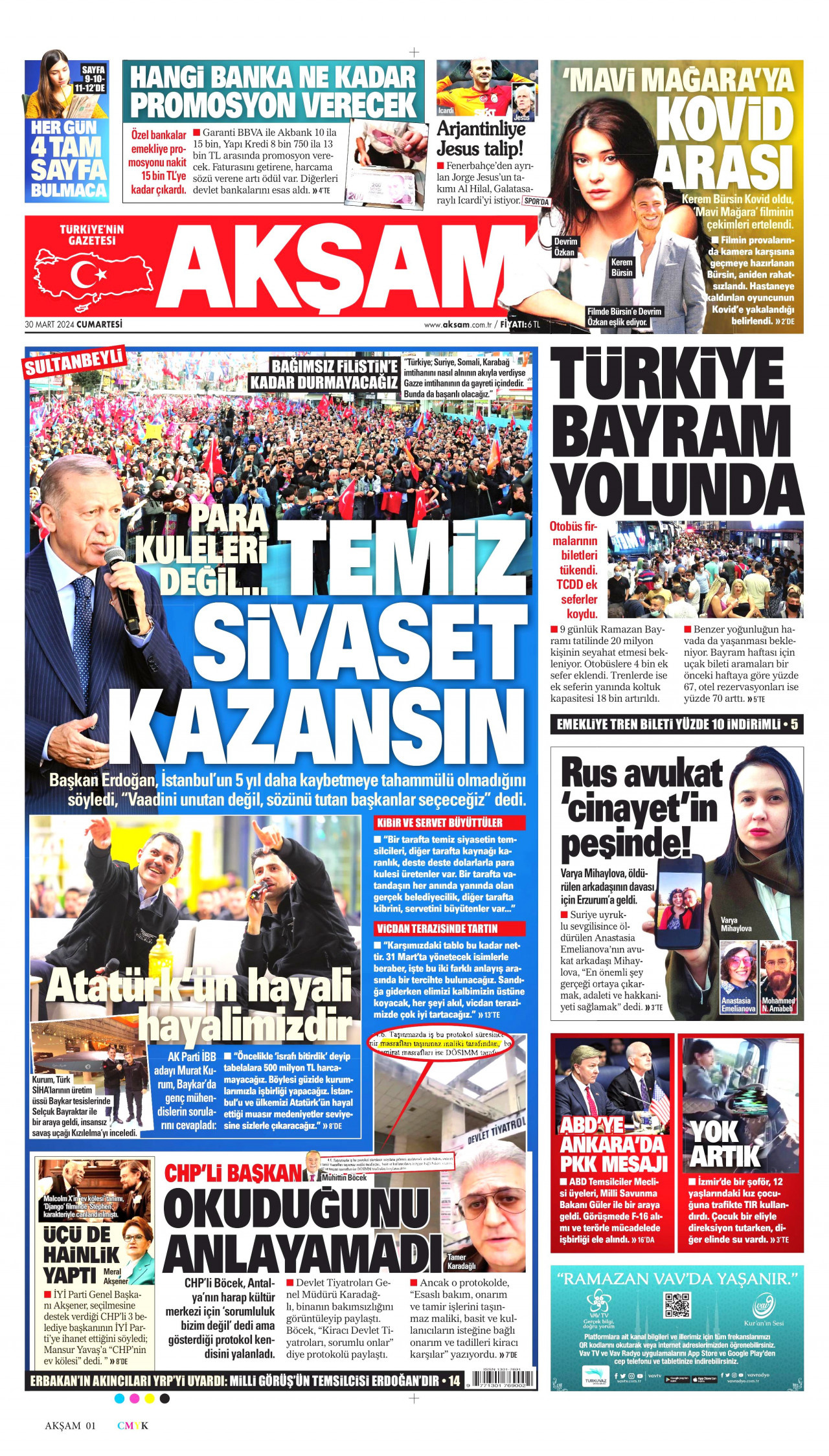 AKŞAM gazetesinin 30 Mart 2024 tarihli birinci sayfası