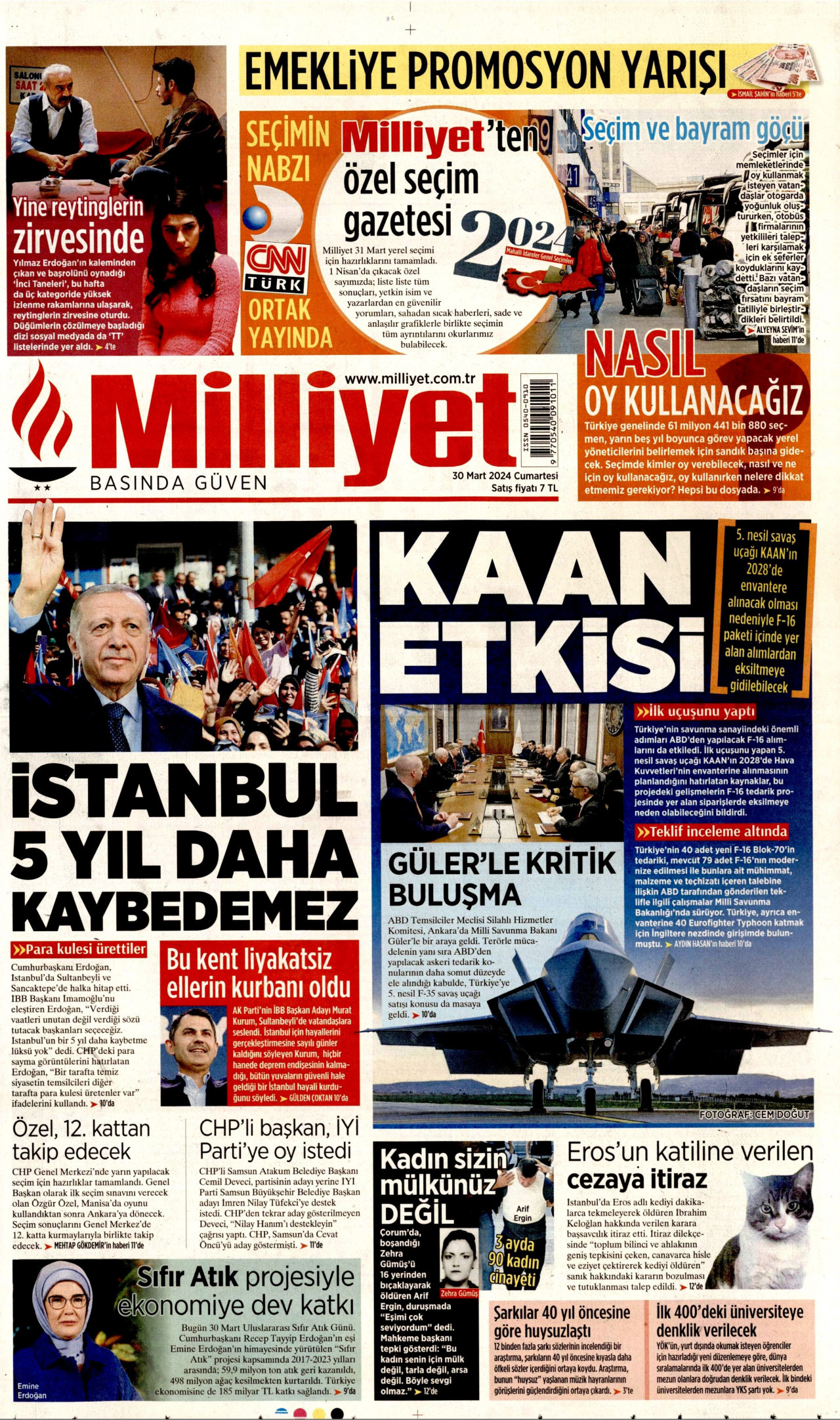 MİLLİYET gazetesinin 30 Mart 2024 tarihli birinci sayfası