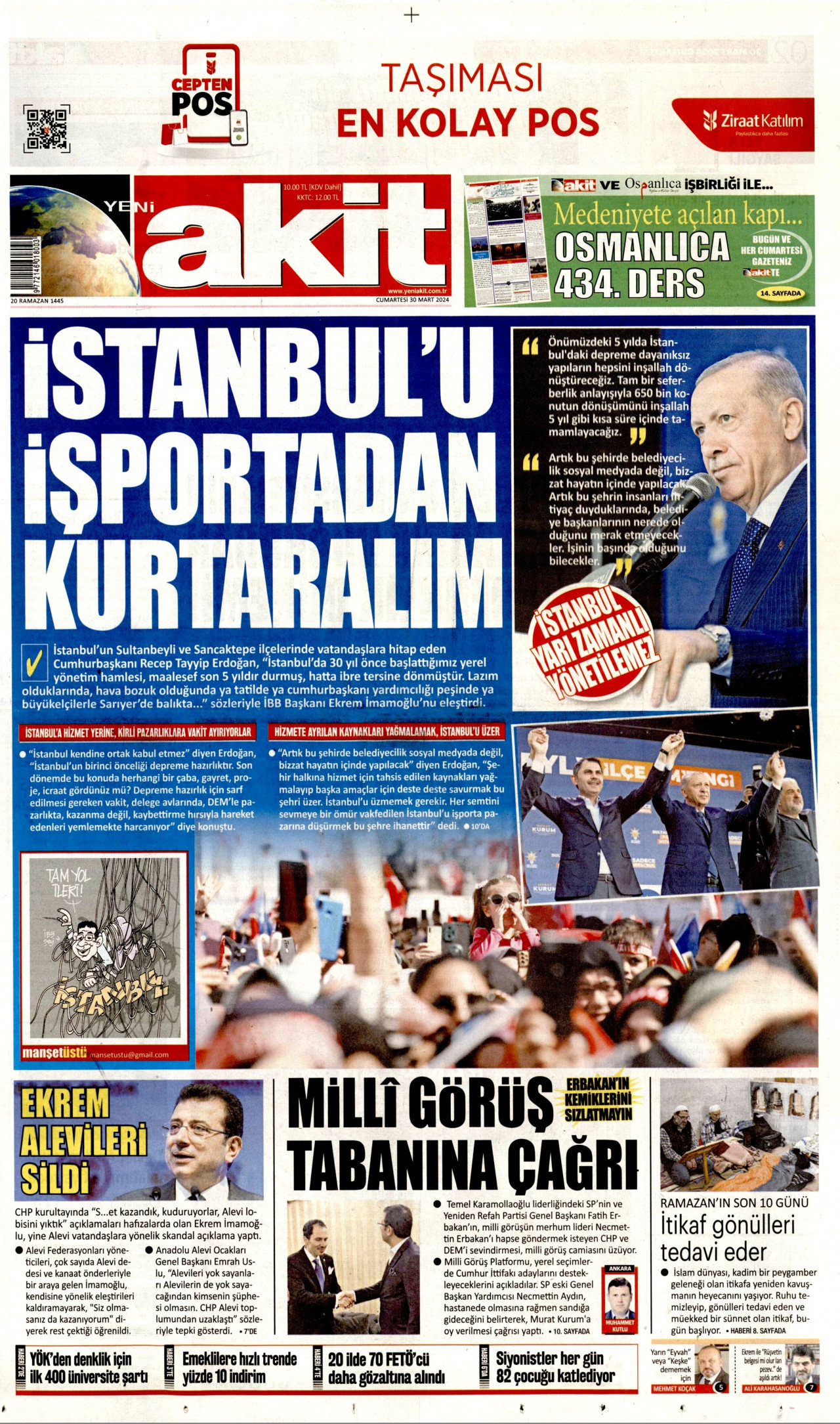YENİ AKİT gazetesinin 30 Mart 2024 tarihli birinci sayfası
