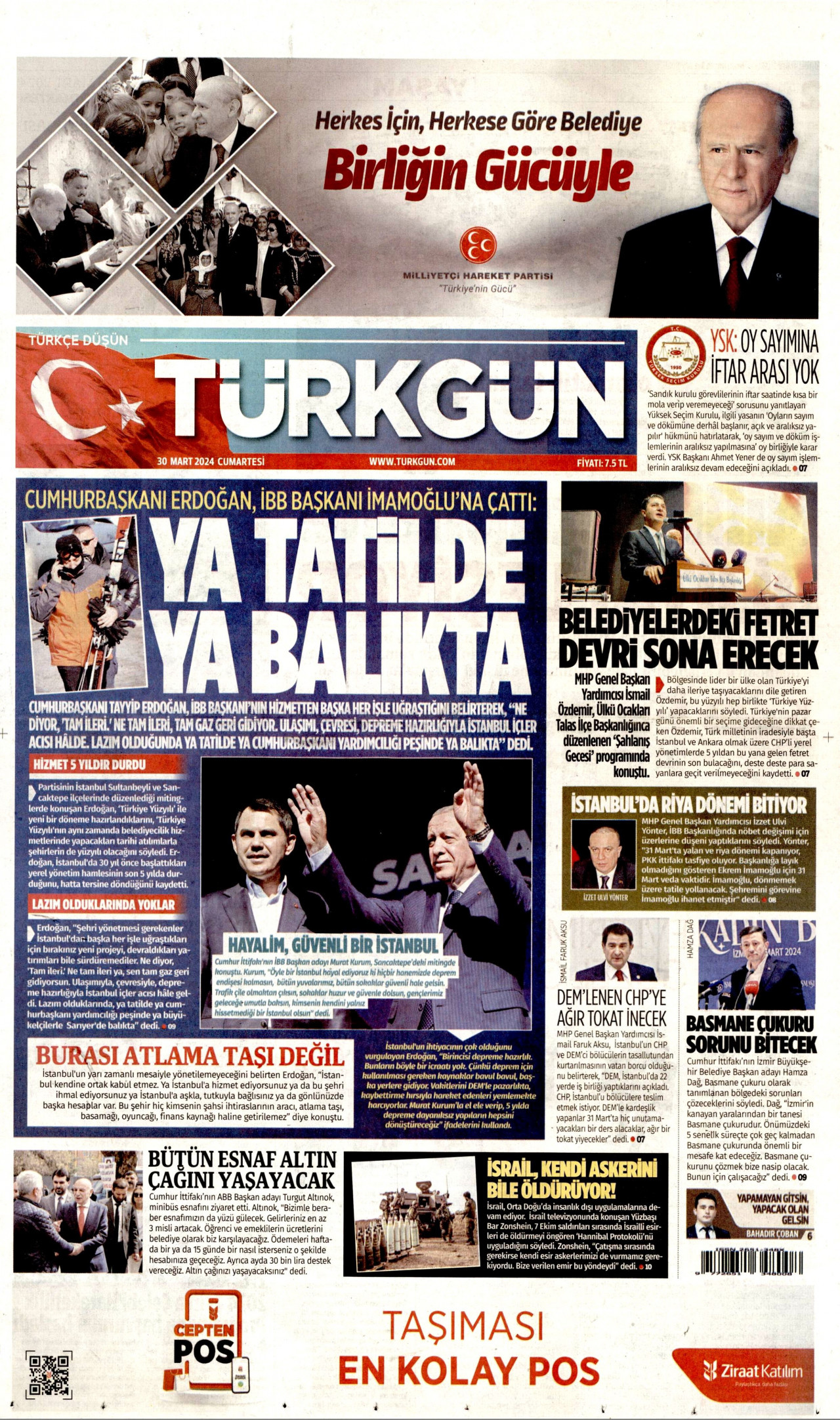 TÜRKGÜN gazetesinin 30 Mart 2024 tarihli birinci sayfası