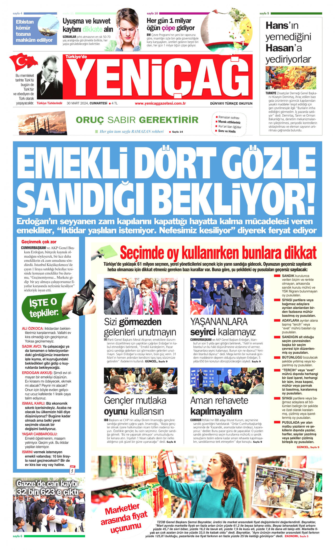 YENİÇAĞ gazetesinin 30 Mart 2024 tarihli birinci sayfası