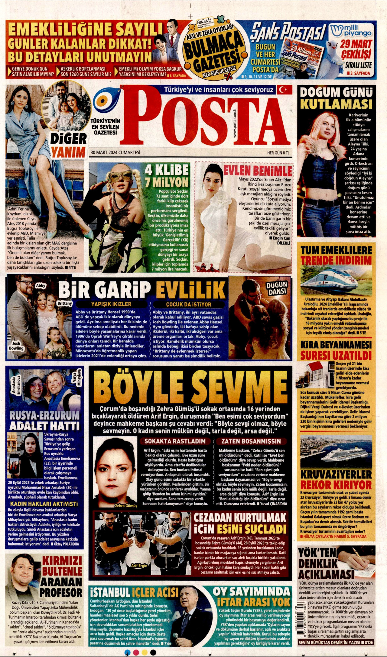 POSTA gazetesinin 30 Mart 2024 tarihli birinci sayfası