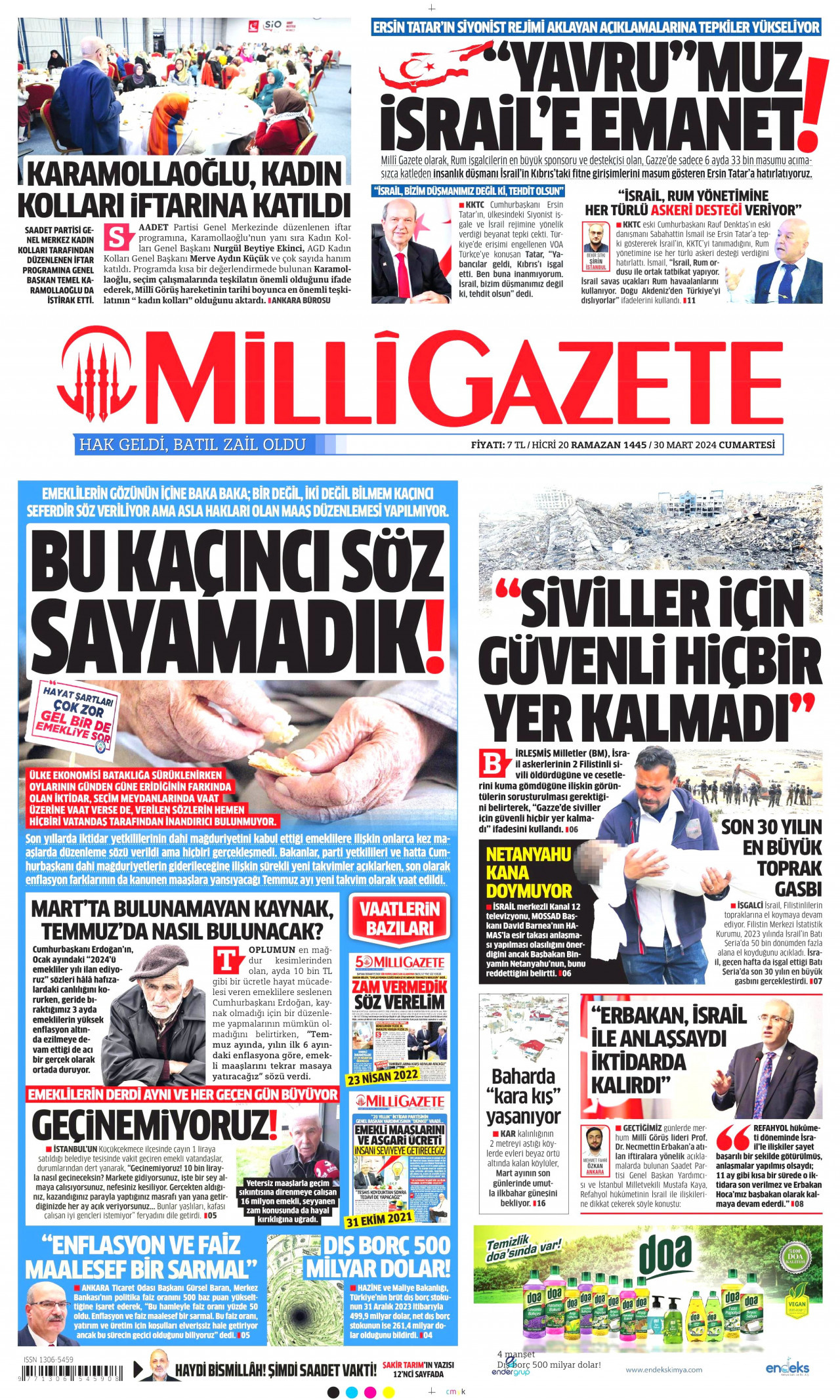 MİLLİ GAZETE gazetesinin 30 Mart 2024 tarihli birinci sayfası