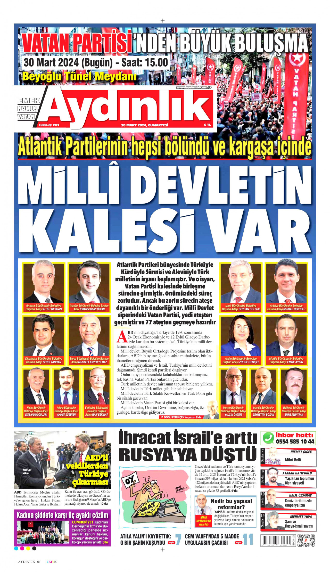 AYDINLIK GAZETESİ gazetesinin 30 Mart 2024 tarihli birinci sayfası