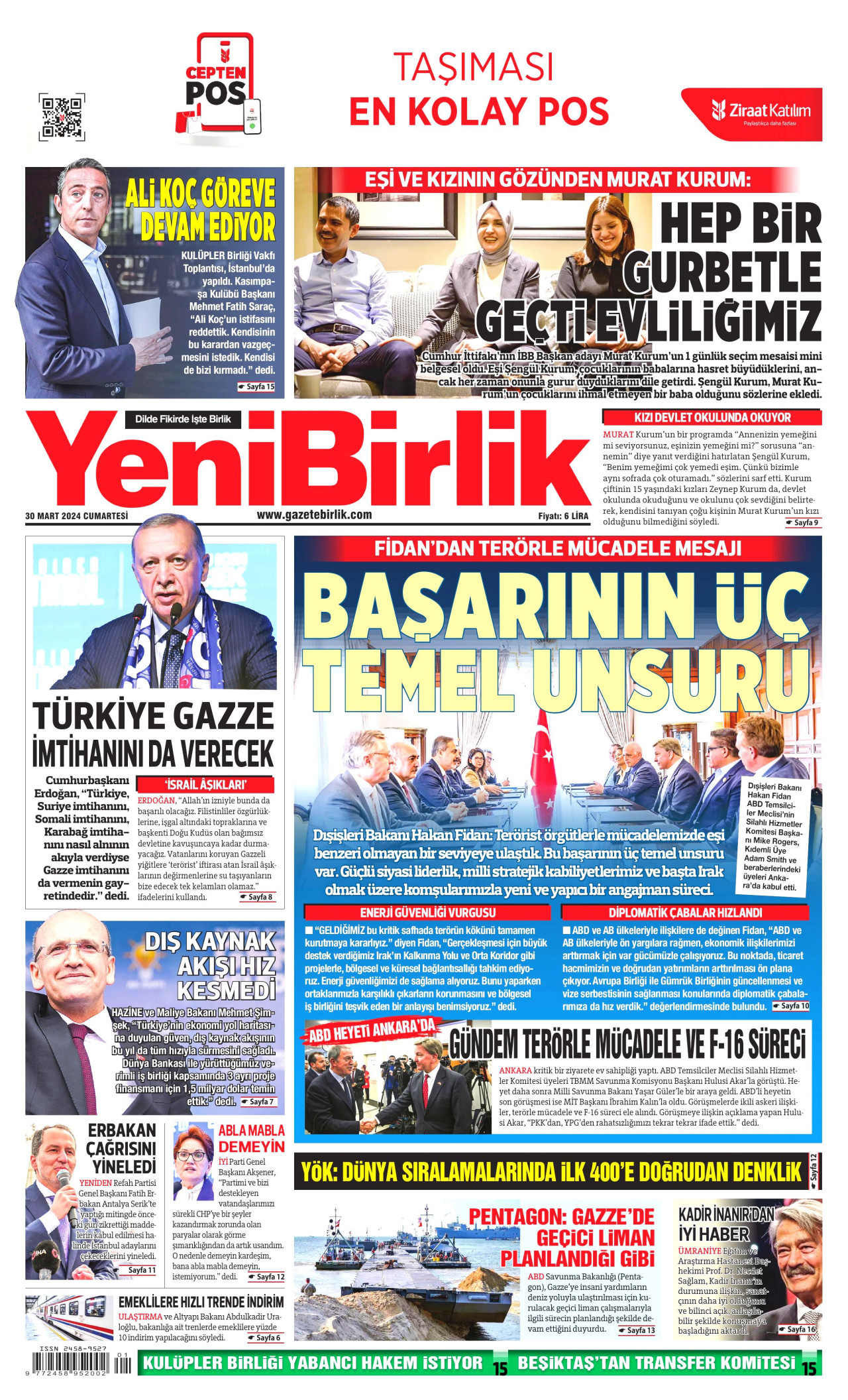 YENİBİRLİK gazetesinin 30 Mart 2024 tarihli birinci sayfası