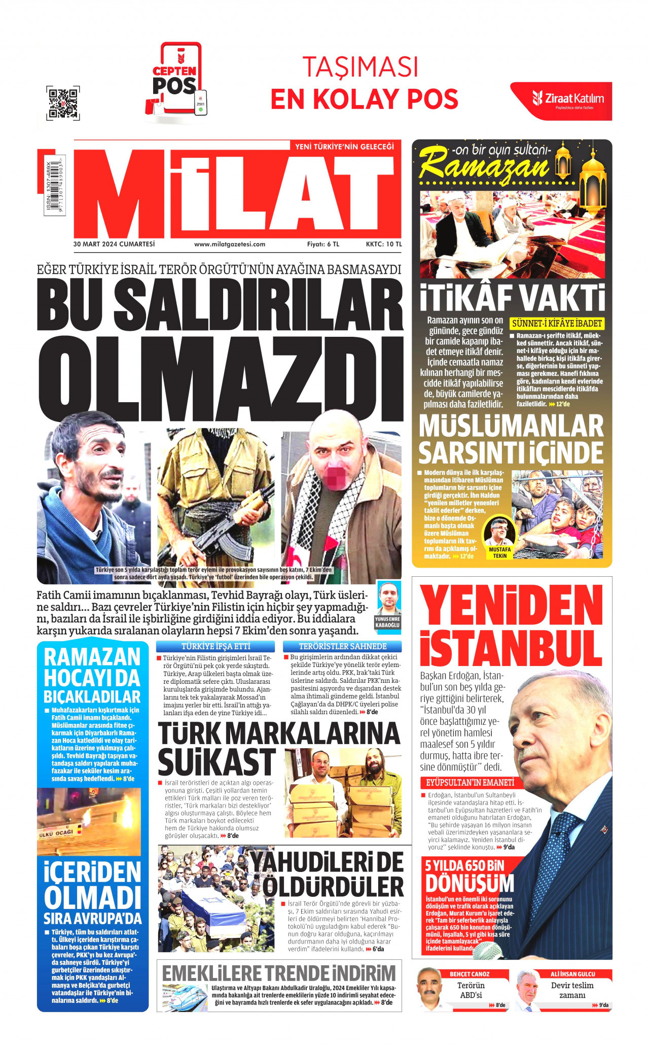 MİLAT gazetesinin 30 Mart 2024 tarihli birinci sayfası