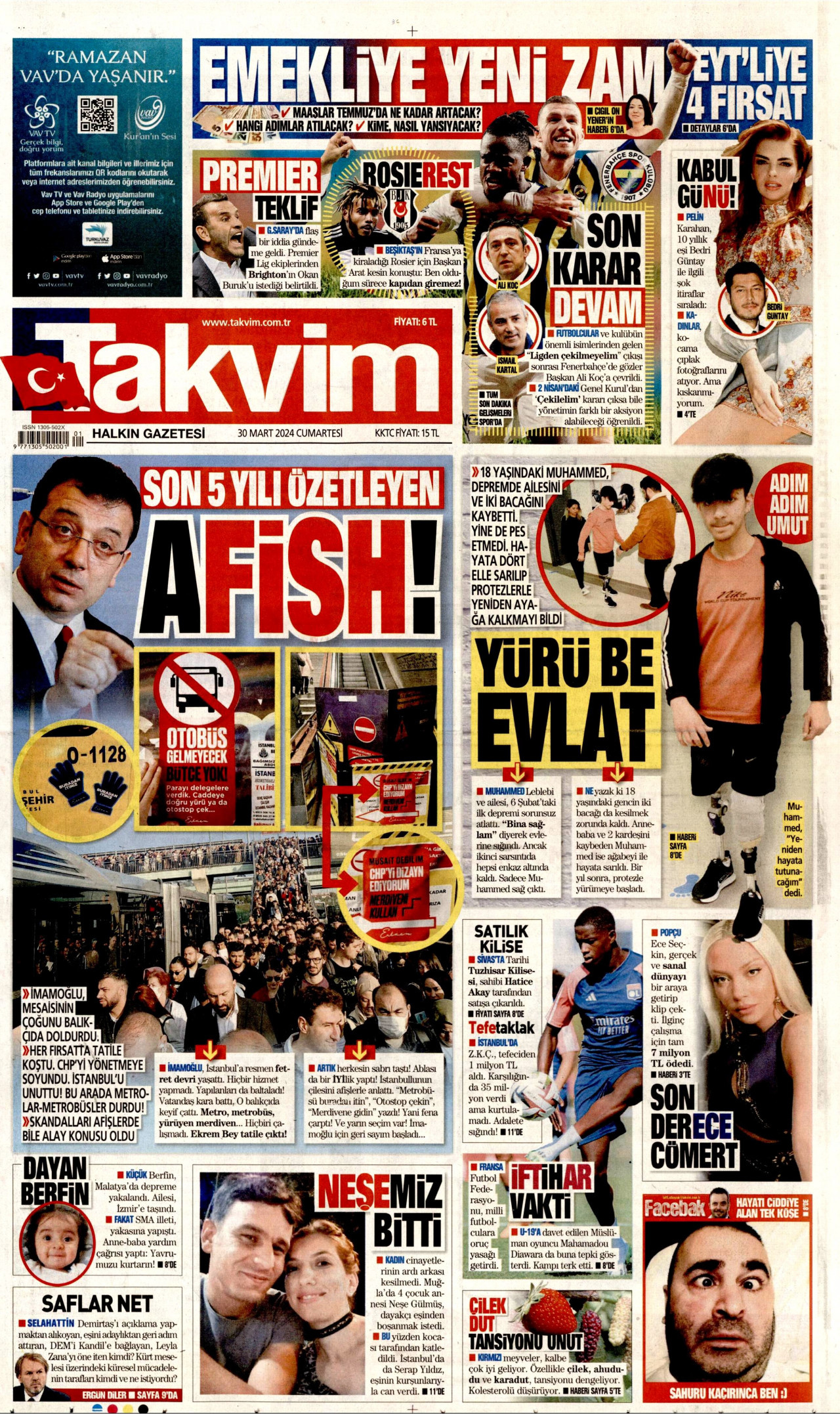 TAKVİM gazetesinin 30 Mart 2024 tarihli birinci sayfası