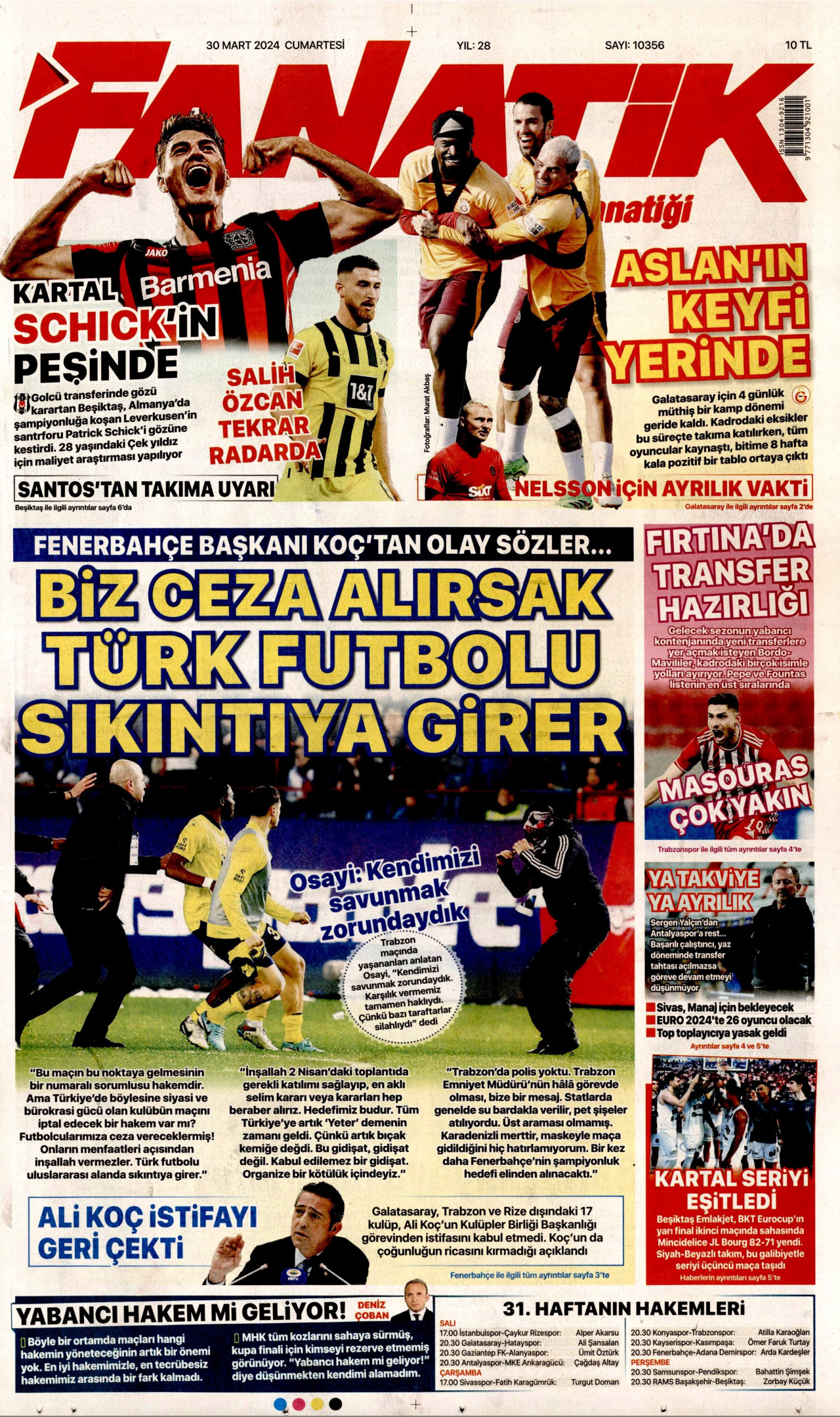 FANATİK gazetesinin 30 Mart 2024 tarihli birinci sayfası