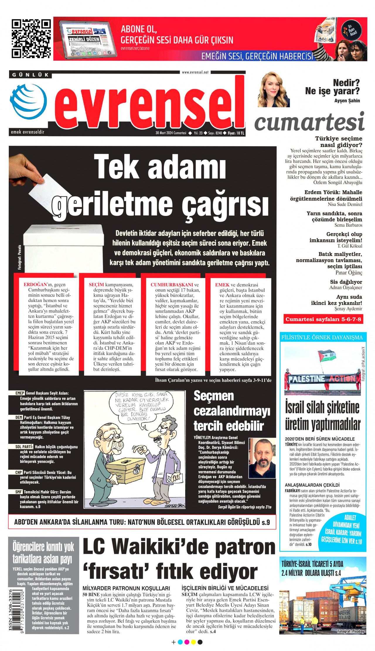 EVRENSEL gazetesinin 30 Mart 2024 tarihli birinci sayfası