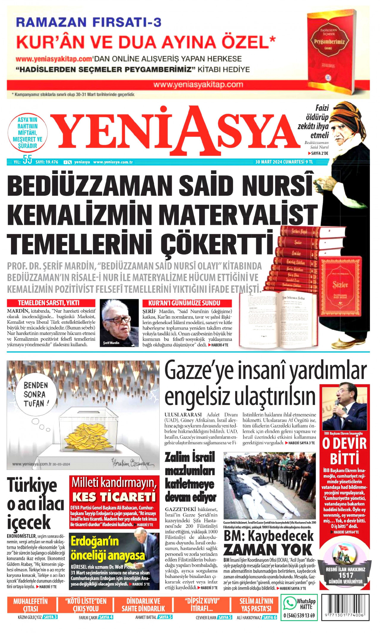 YENİ ASYA gazetesinin 30 Mart 2024 tarihli birinci sayfası