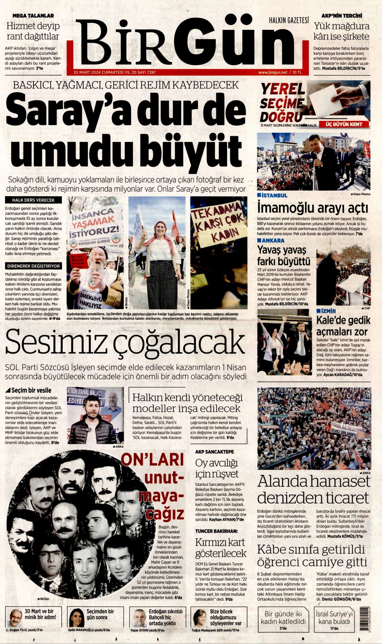 BİRGÜN gazetesinin 30 Mart 2024 tarihli birinci sayfası