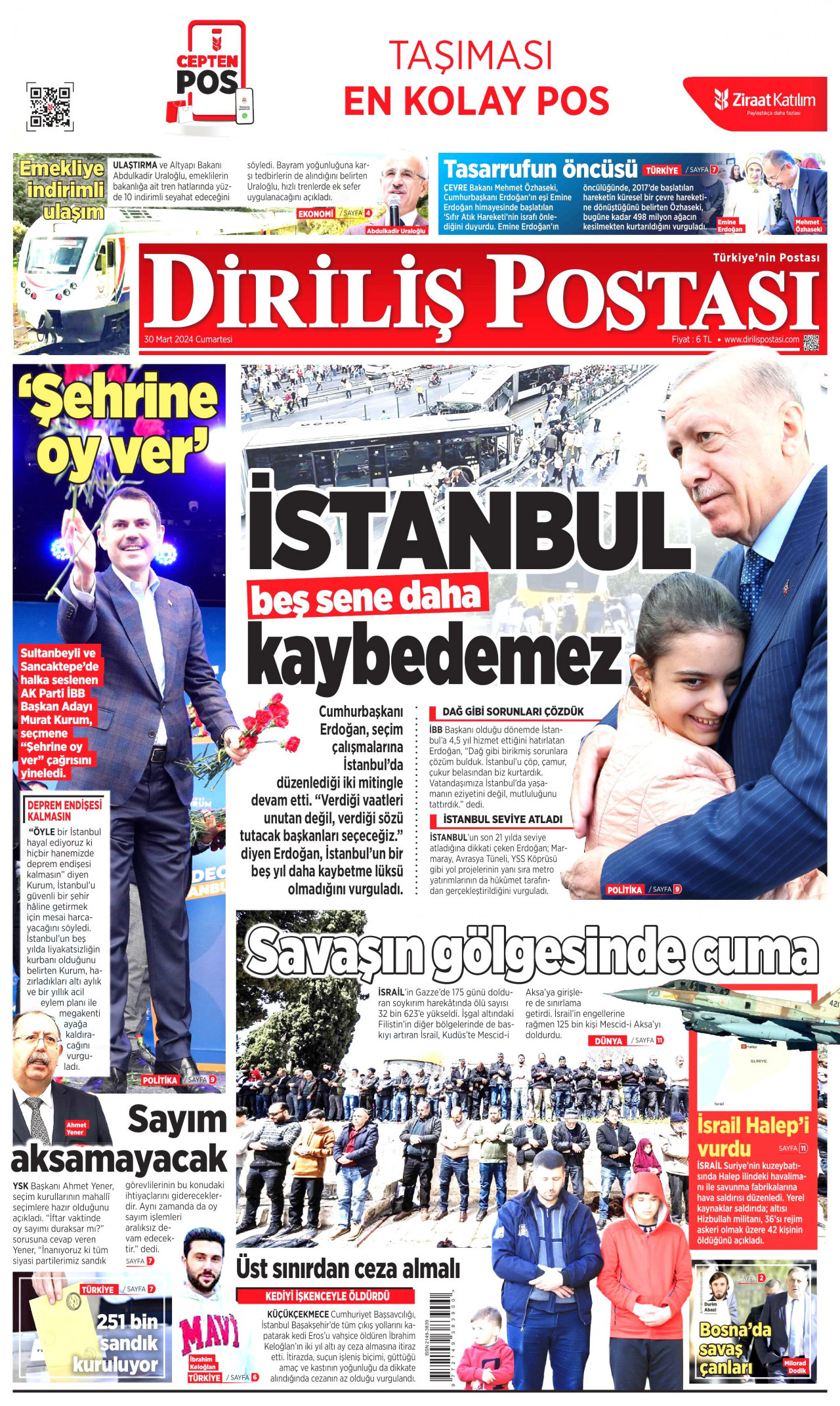 DİRİLİŞ POSTASI gazetesinin 30 Mart 2024 tarihli birinci sayfası