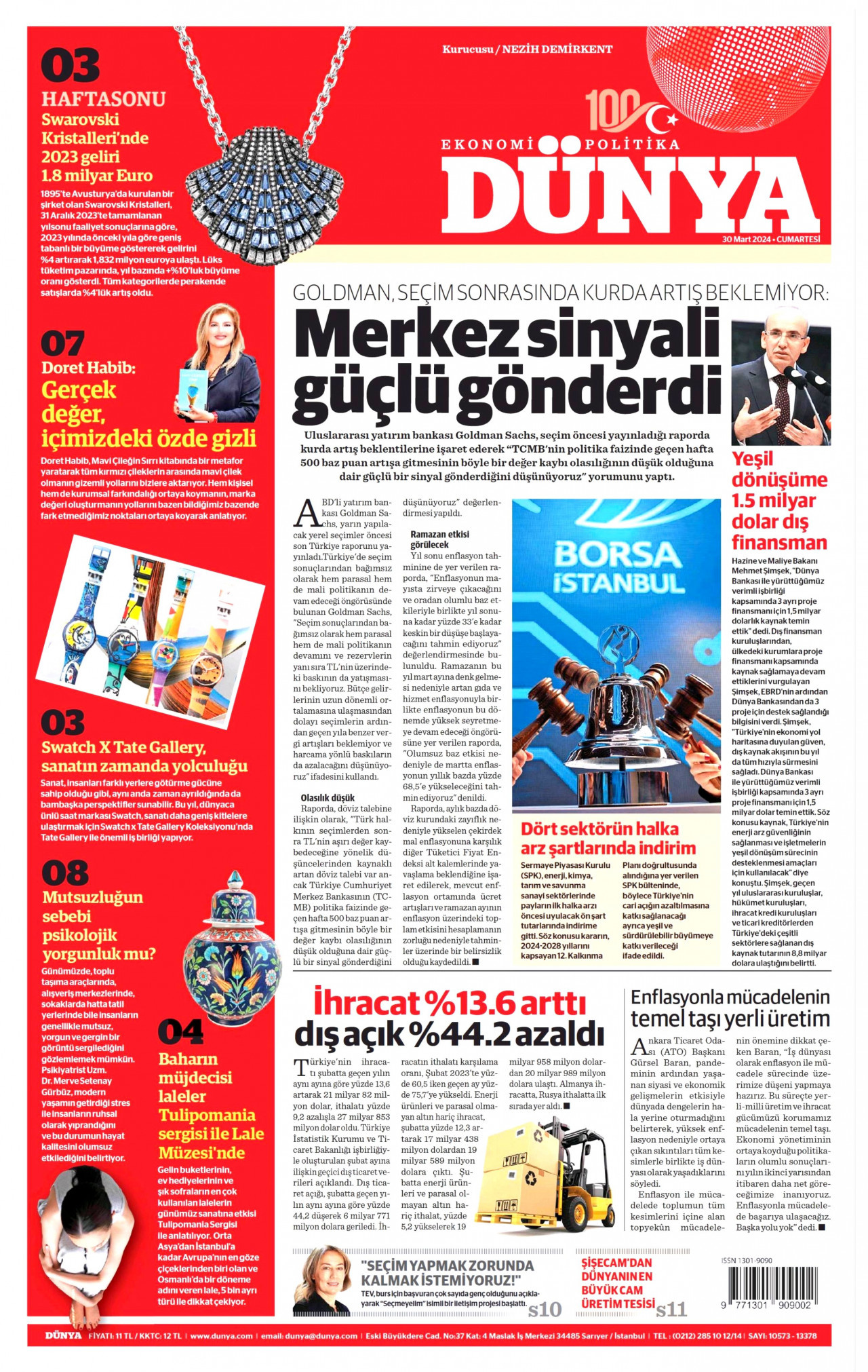 DÜNYA gazetesinin 30 Mart 2024 tarihli birinci sayfası