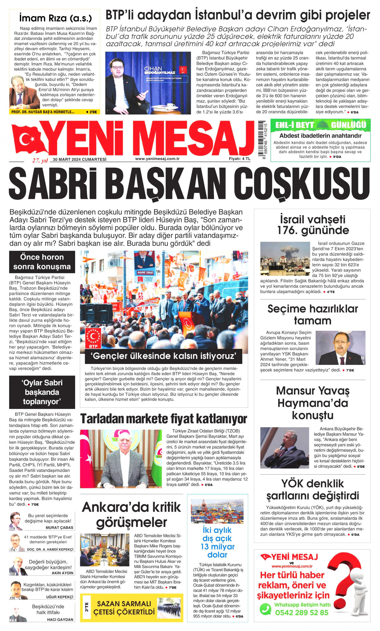 YENİ MESAJ gazetesinin 30 Mart 2024 tarihli birinci sayfası