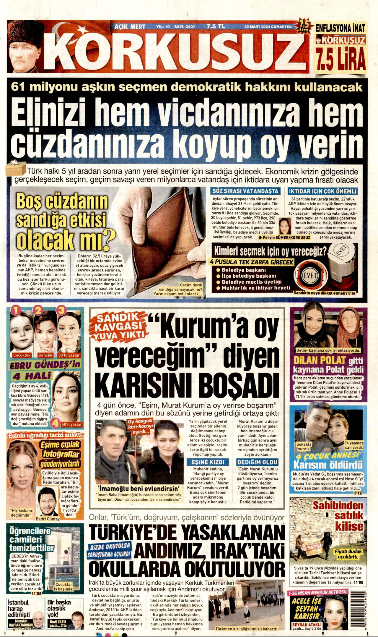 KORKUSUZ gazetesinin 30 Mart 2024 tarihli birinci sayfası