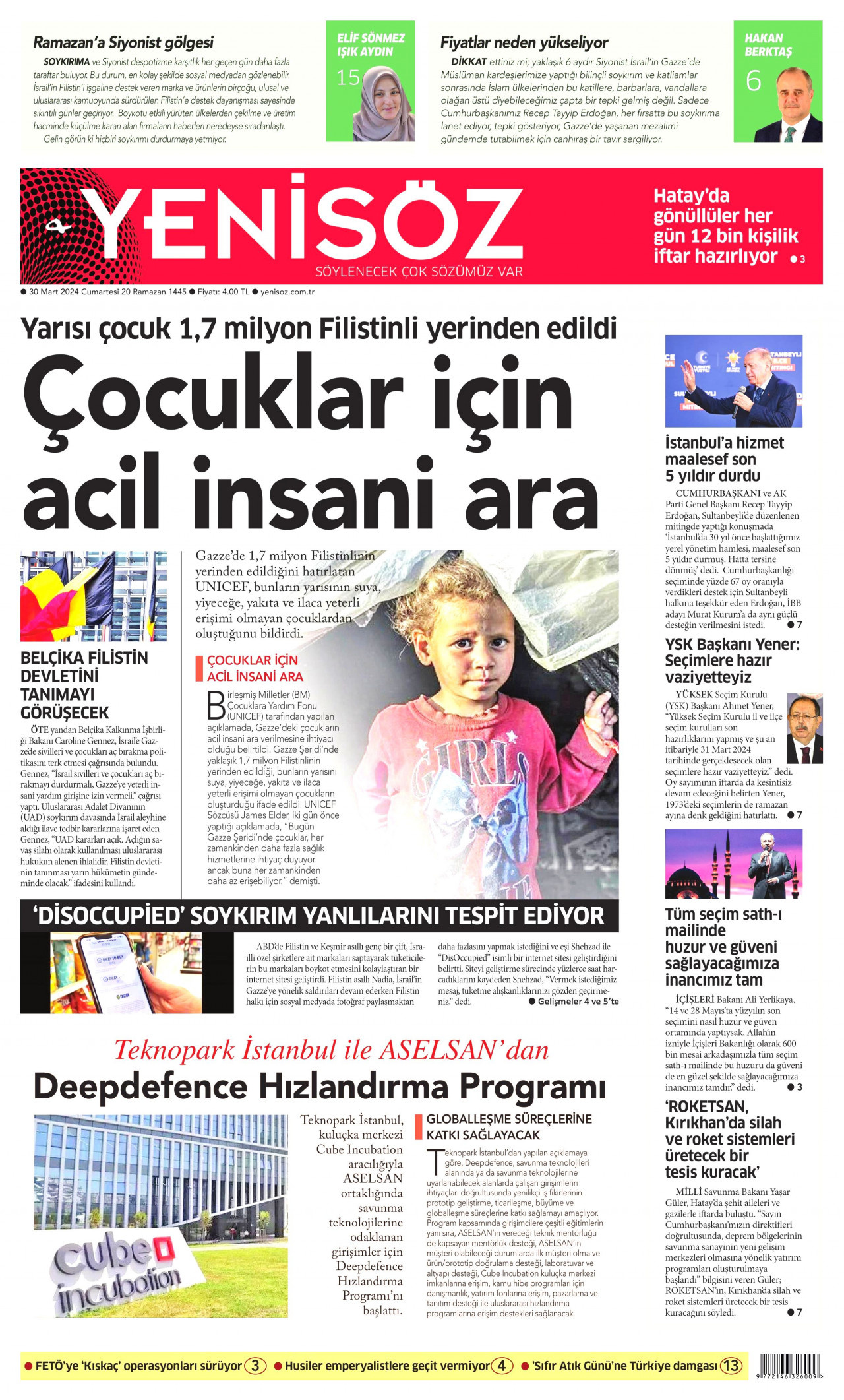 YENİ SÖZ GAZETESİ gazetesinin 30 Mart 2024 tarihli birinci sayfası