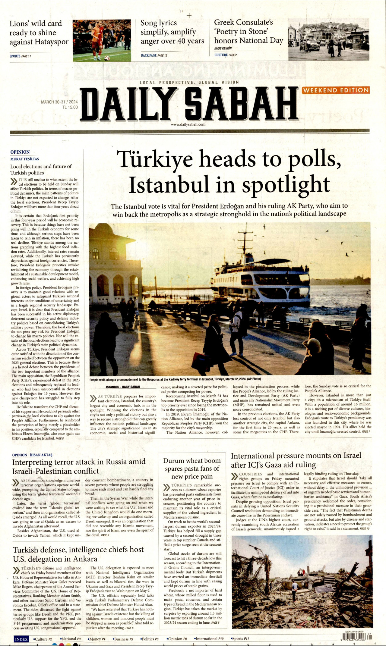 DAİLY SABAH gazetesinin 30 Mart 2024 tarihli birinci sayfası