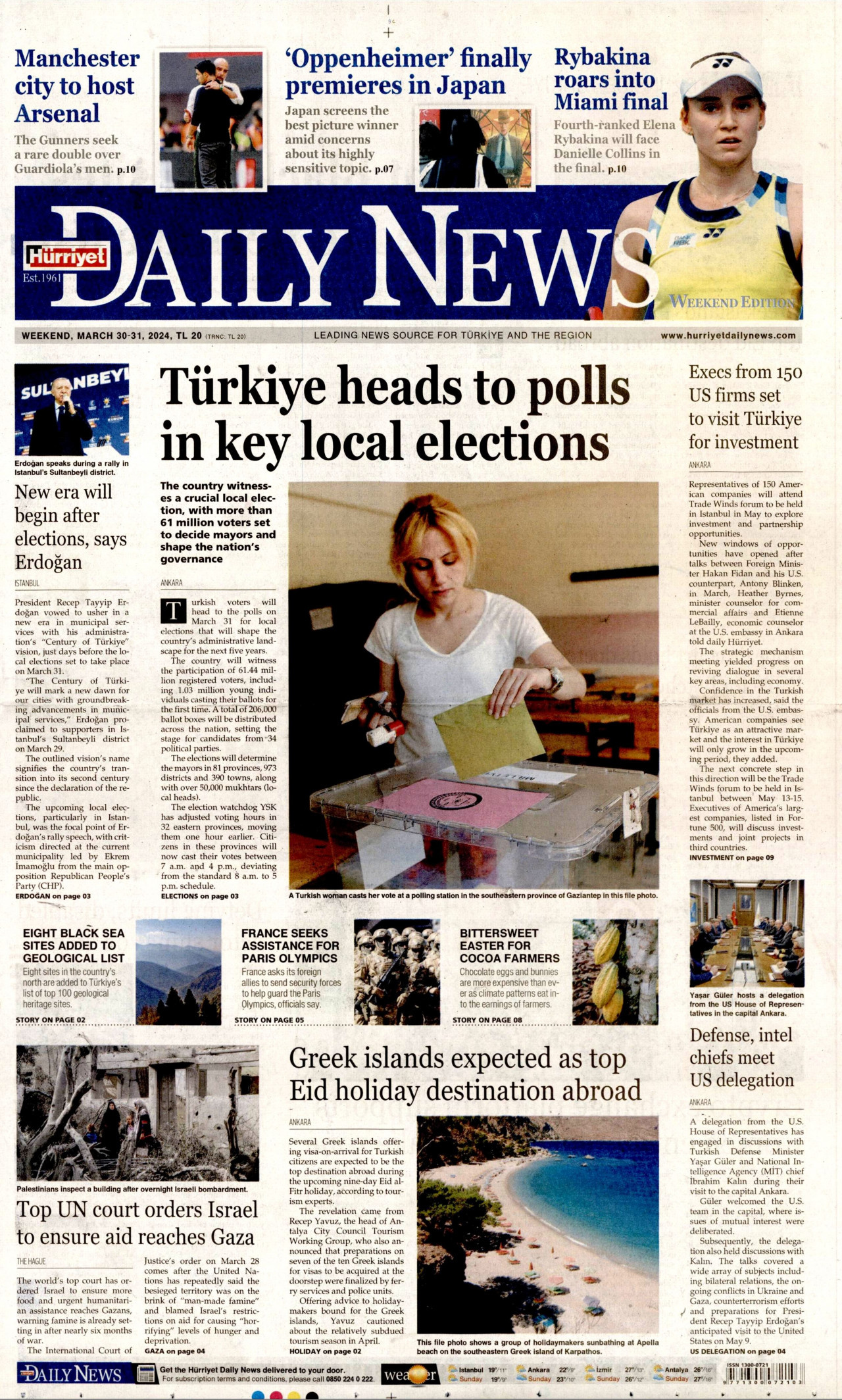 HÜRRİYET DAİLY NEWS gazetesinin 30 Mart 2024 tarihli birinci sayfası