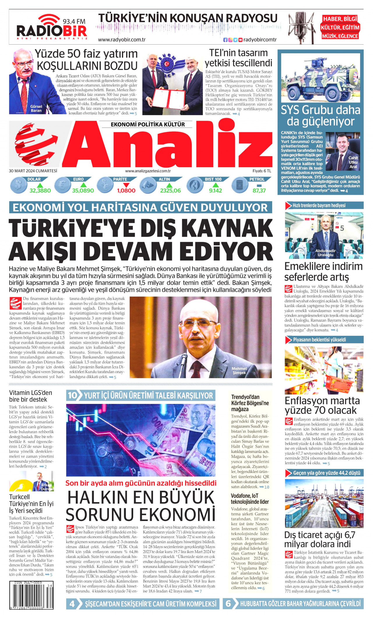 ANALİZ gazetesinin 30 Mart 2024 tarihli birinci sayfası