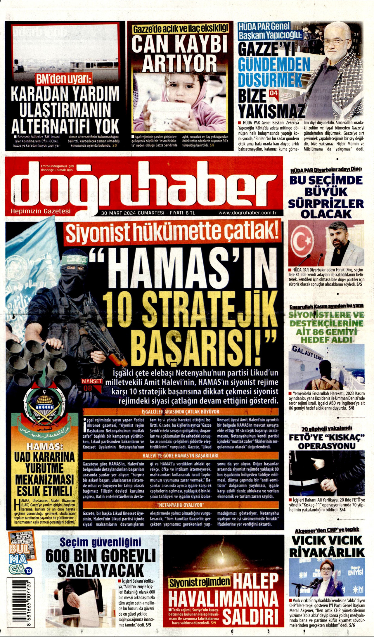 DOĞRU HABER gazetesinin 30 Mart 2024 tarihli birinci sayfası