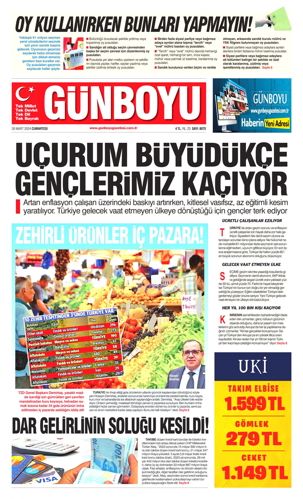 GÜNBOYU gazetesinin 30 Mart 2024 tarihli birinci sayfası