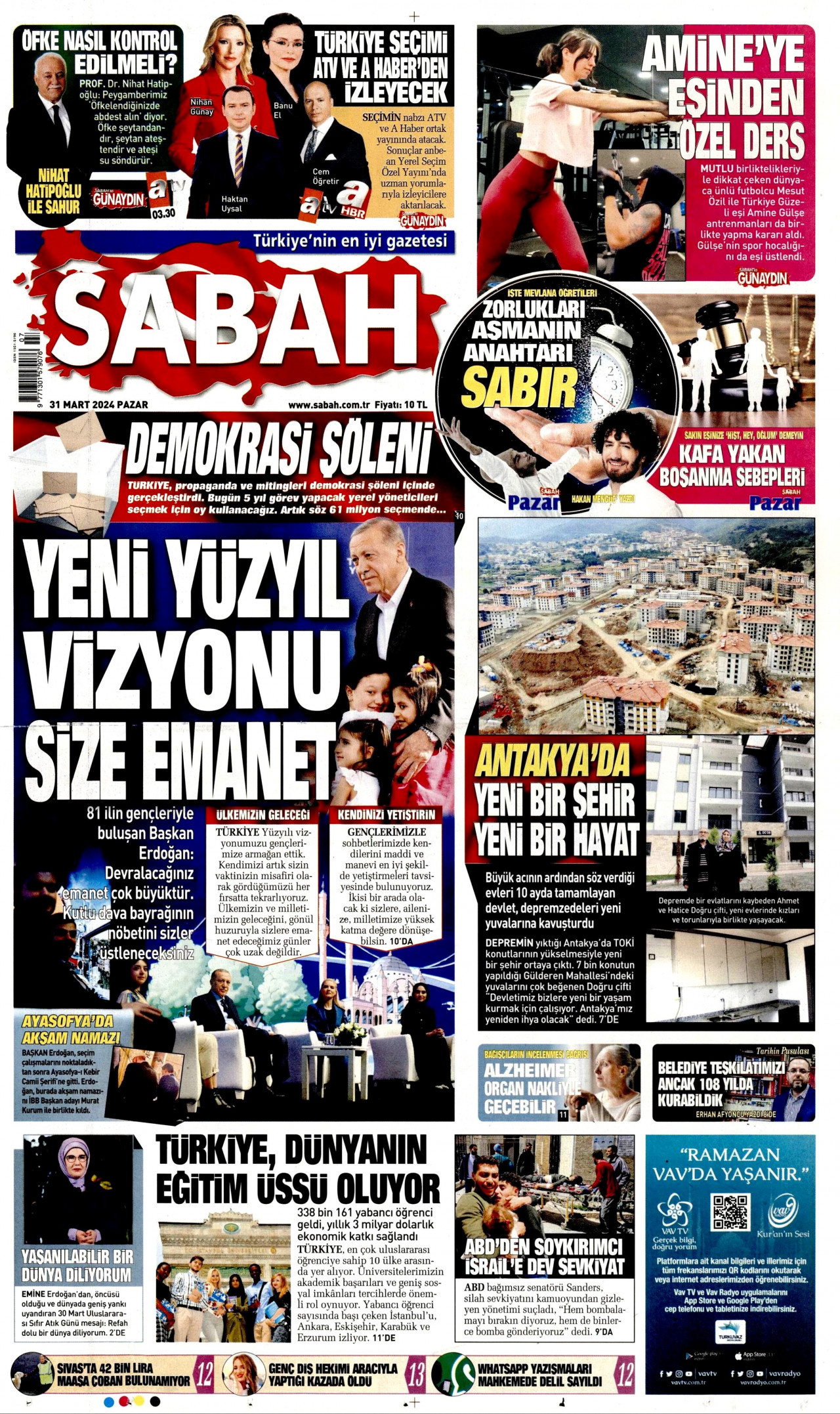 SABAH gazetesinin 31 Mart 2024 tarihli birinci sayfası