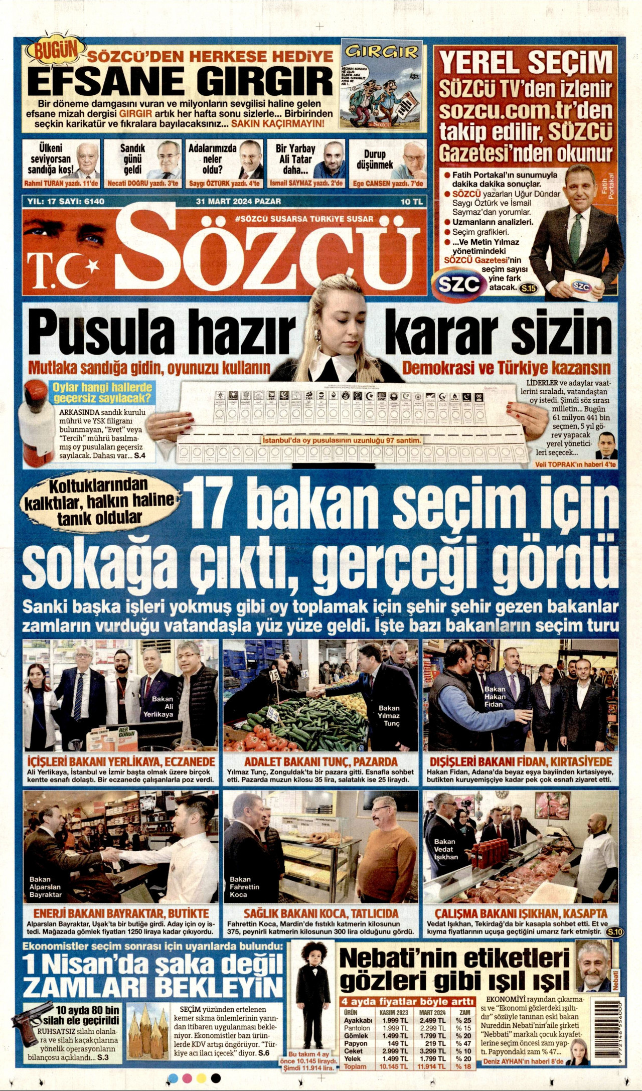SÖZCÜ gazetesinin 31 Mart 2024 tarihli birinci sayfası