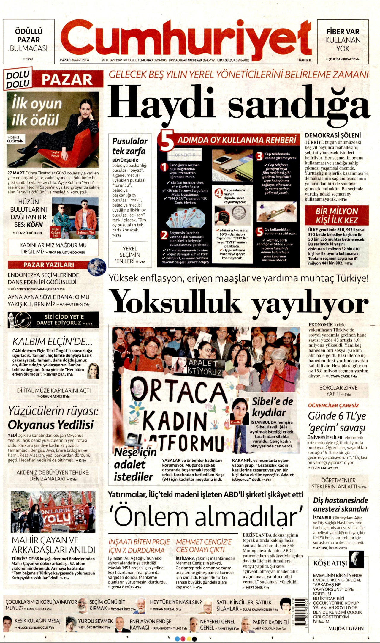 CUMHURİYET gazetesinin 31 Mart 2024 tarihli birinci sayfası