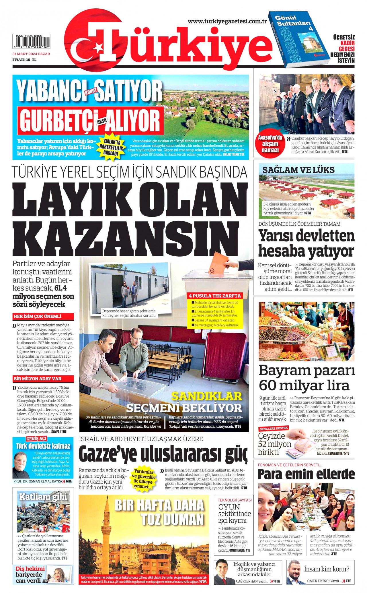 TÜRKİYE GAZETESİ gazetesinin 31 Mart 2024 tarihli birinci sayfası