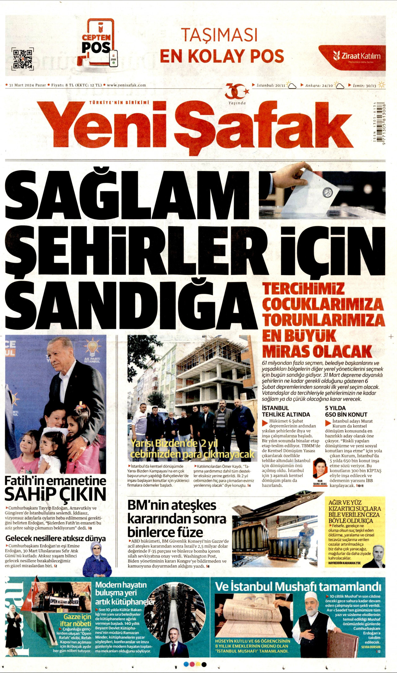 YENİ ŞAFAK gazetesinin 31 Mart 2024 tarihli birinci sayfası