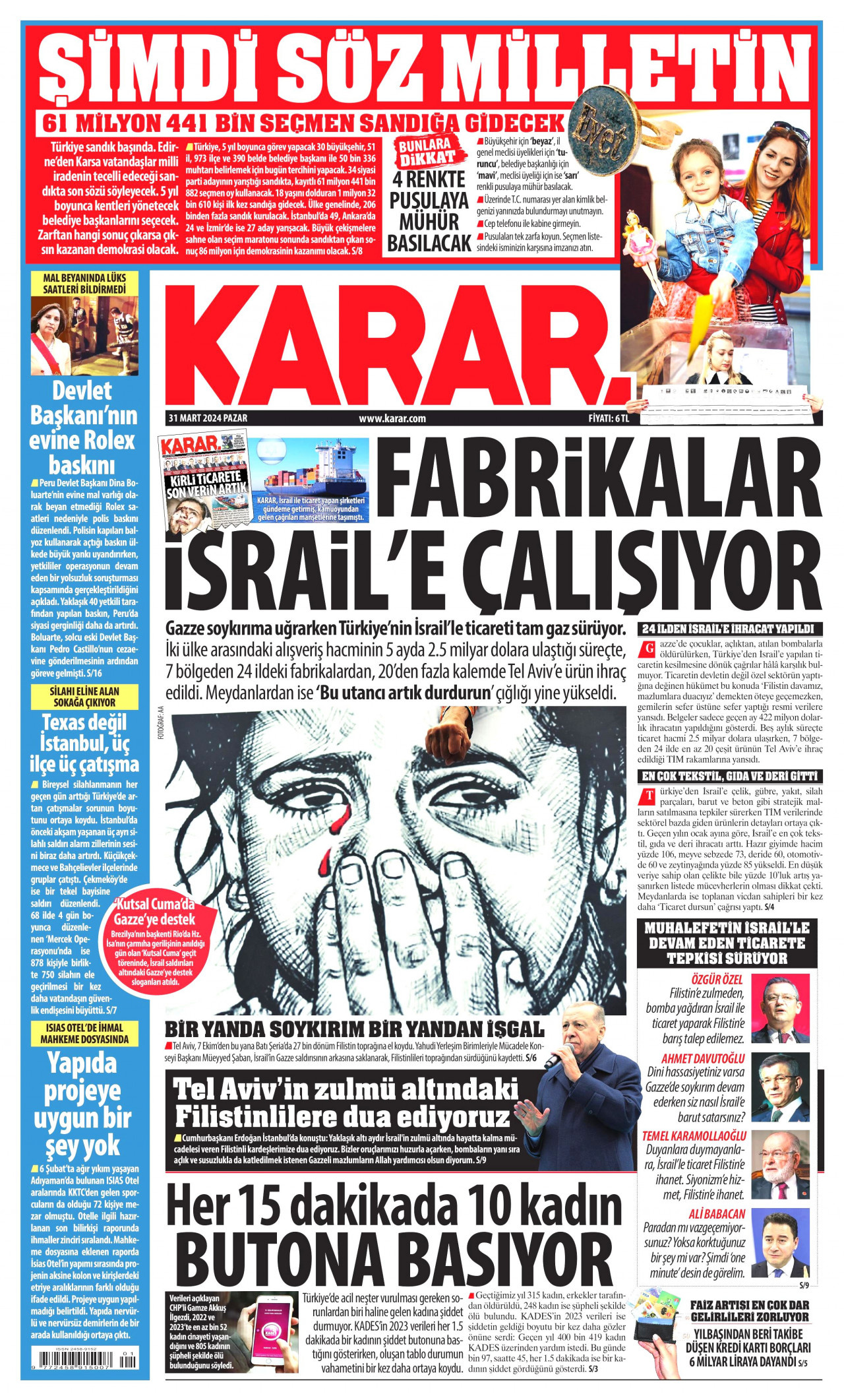 KARAR gazetesinin 31 Mart 2024 tarihli birinci sayfası