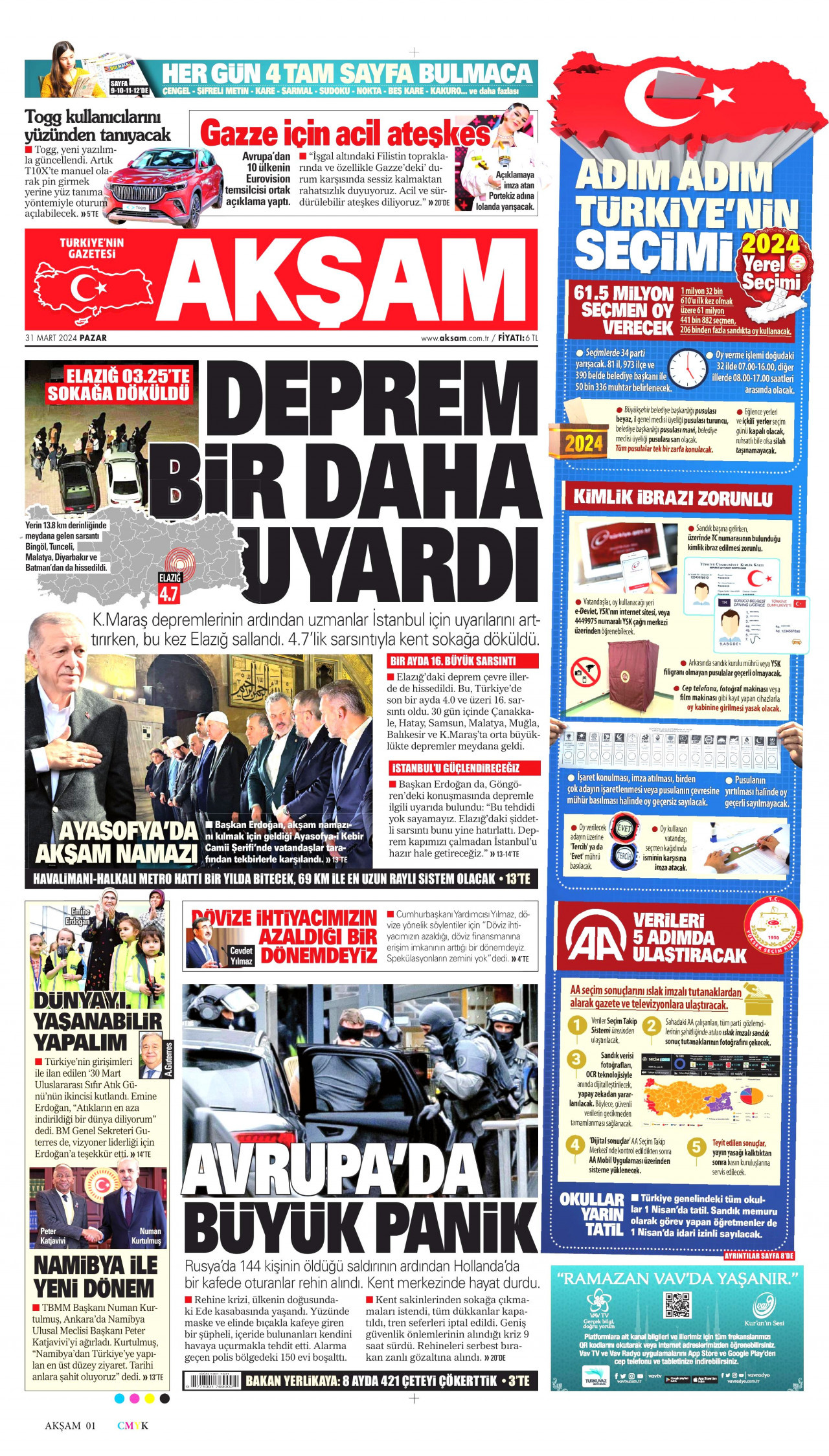 AKŞAM gazetesinin 31 Mart 2024 tarihli birinci sayfası