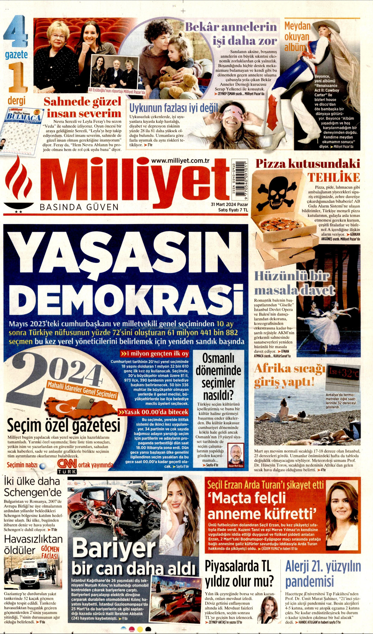 MİLLİYET gazetesinin 31 Mart 2024 tarihli birinci sayfası