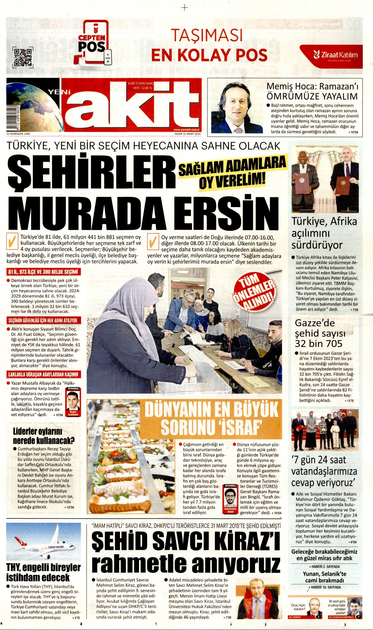 YENİ AKİT gazetesinin 31 Mart 2024 tarihli birinci sayfası