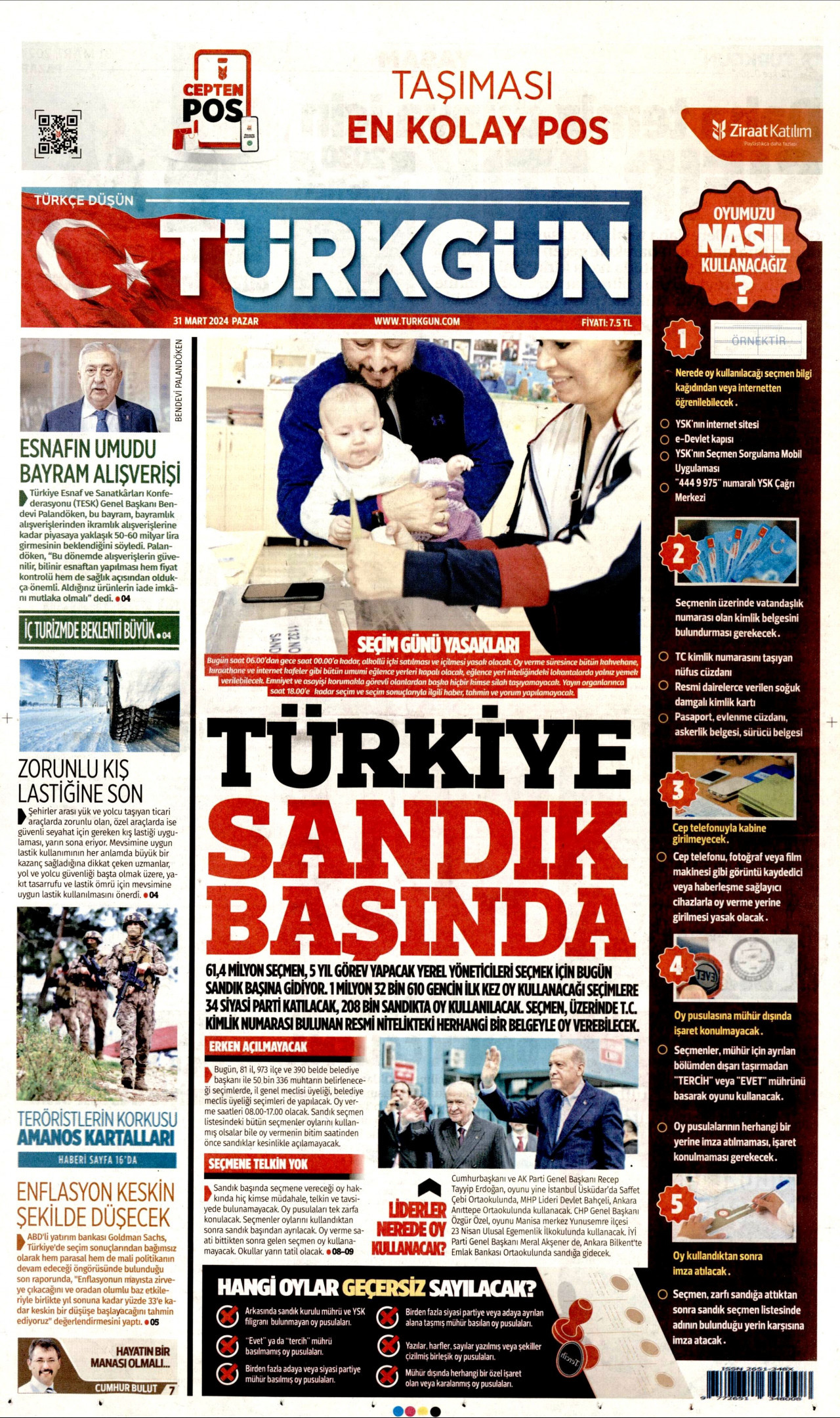 TÜRKGÜN gazetesinin 31 Mart 2024 tarihli birinci sayfası