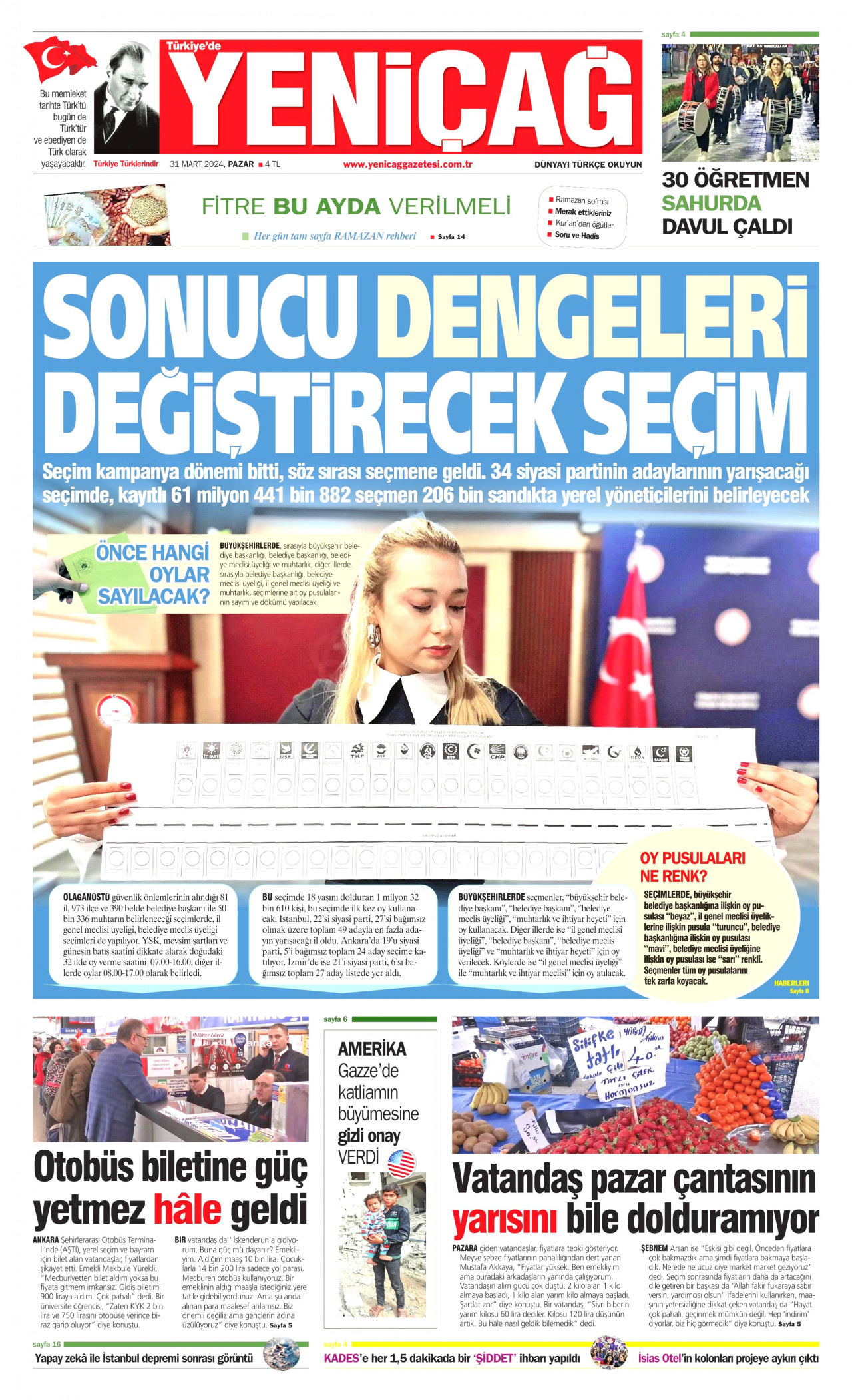 YENİÇAĞ gazetesinin 31 Mart 2024 tarihli birinci sayfası