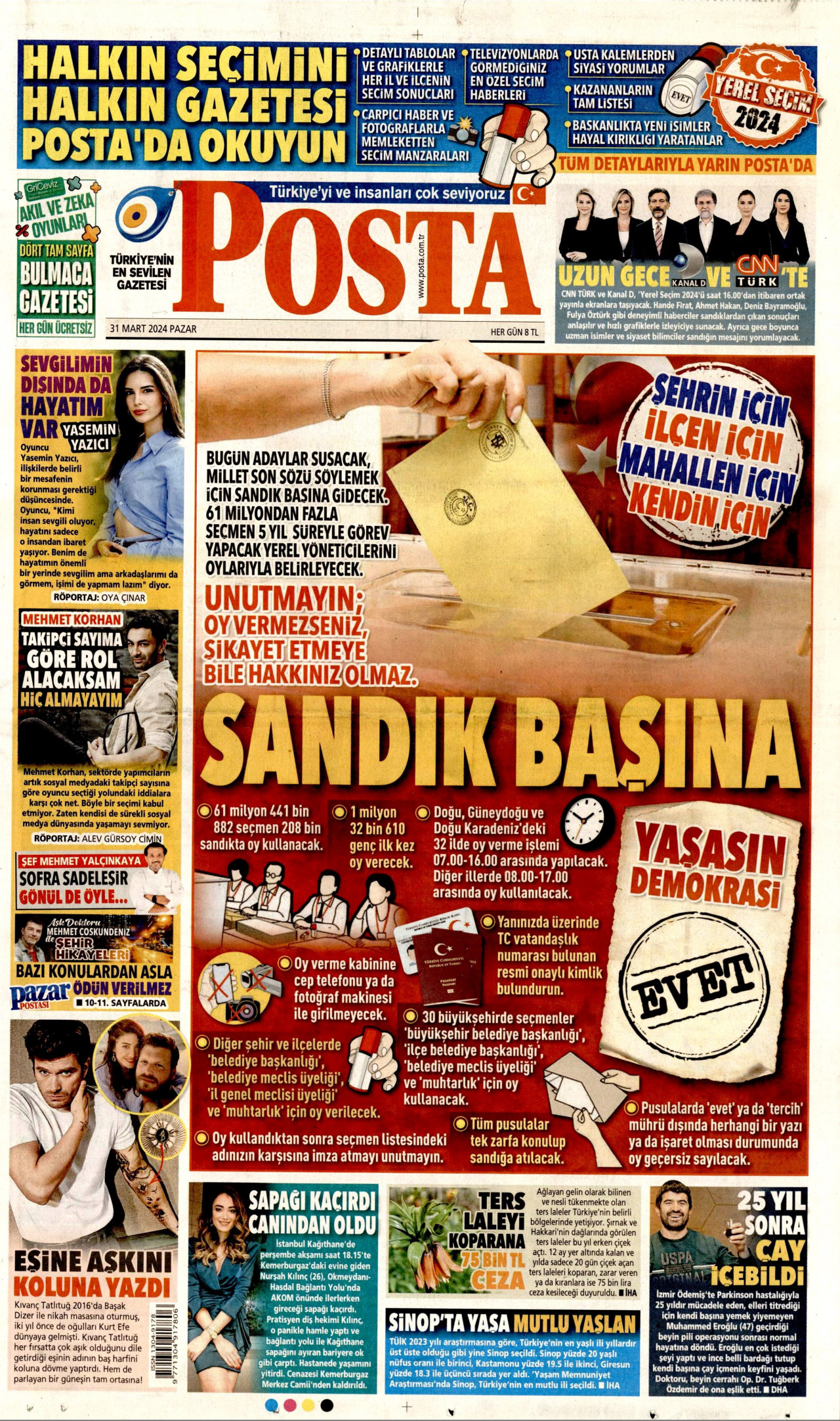 POSTA gazetesinin 31 Mart 2024 tarihli birinci sayfası