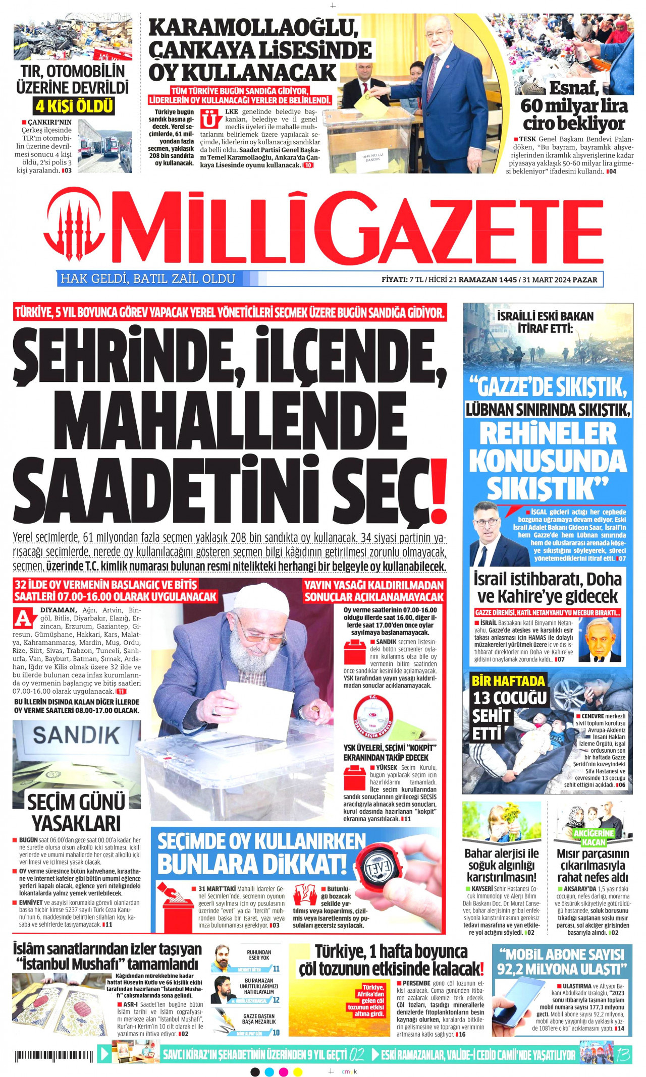 MİLLİ GAZETE gazetesinin 31 Mart 2024 tarihli birinci sayfası