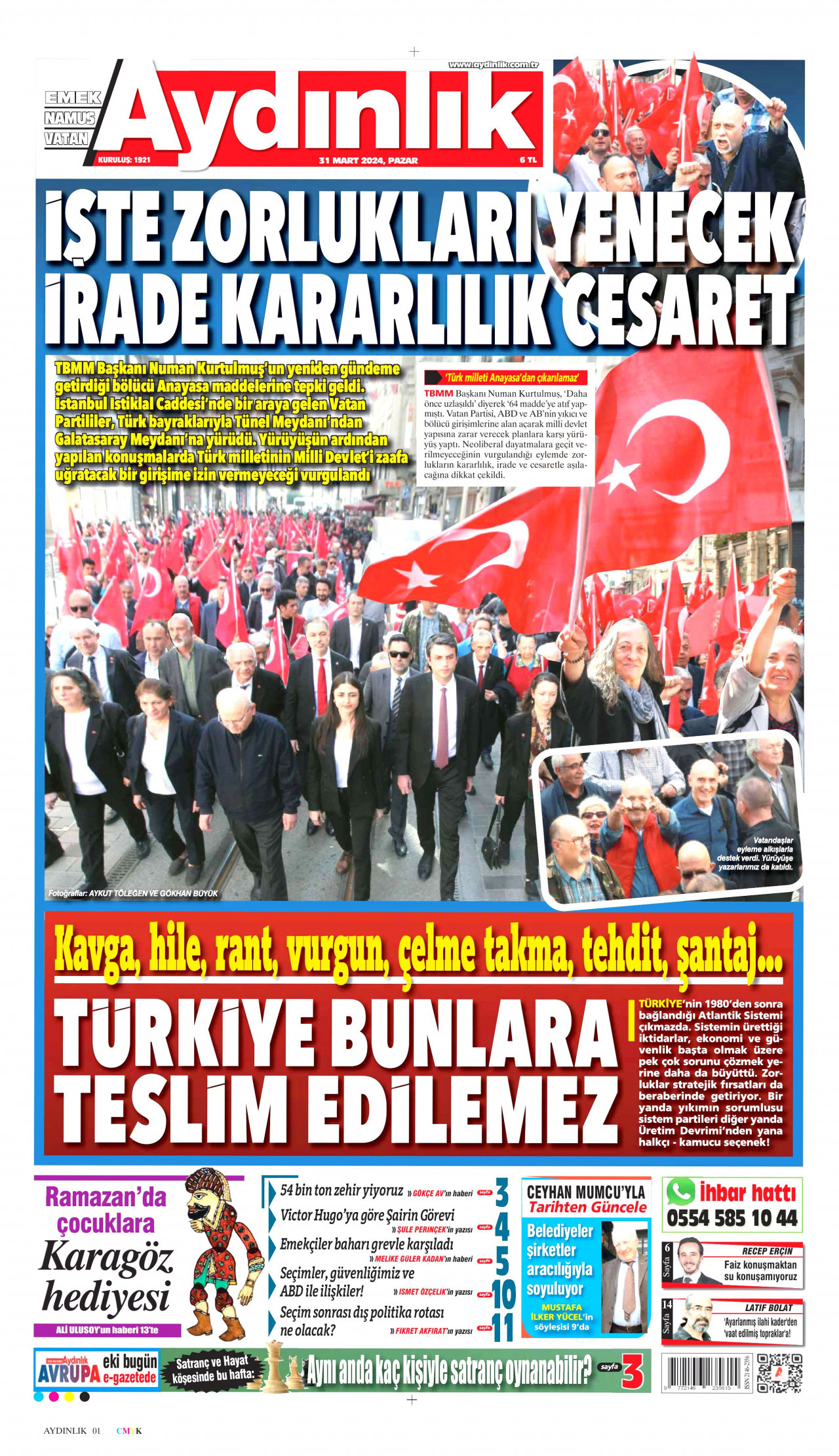 AYDINLIK GAZETESİ gazetesinin 31 Mart 2024 tarihli birinci sayfası