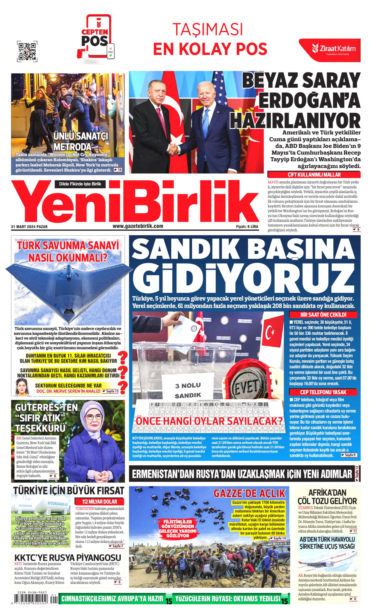 YENİBİRLİK gazetesinin 31 Mart 2024 tarihli birinci sayfası