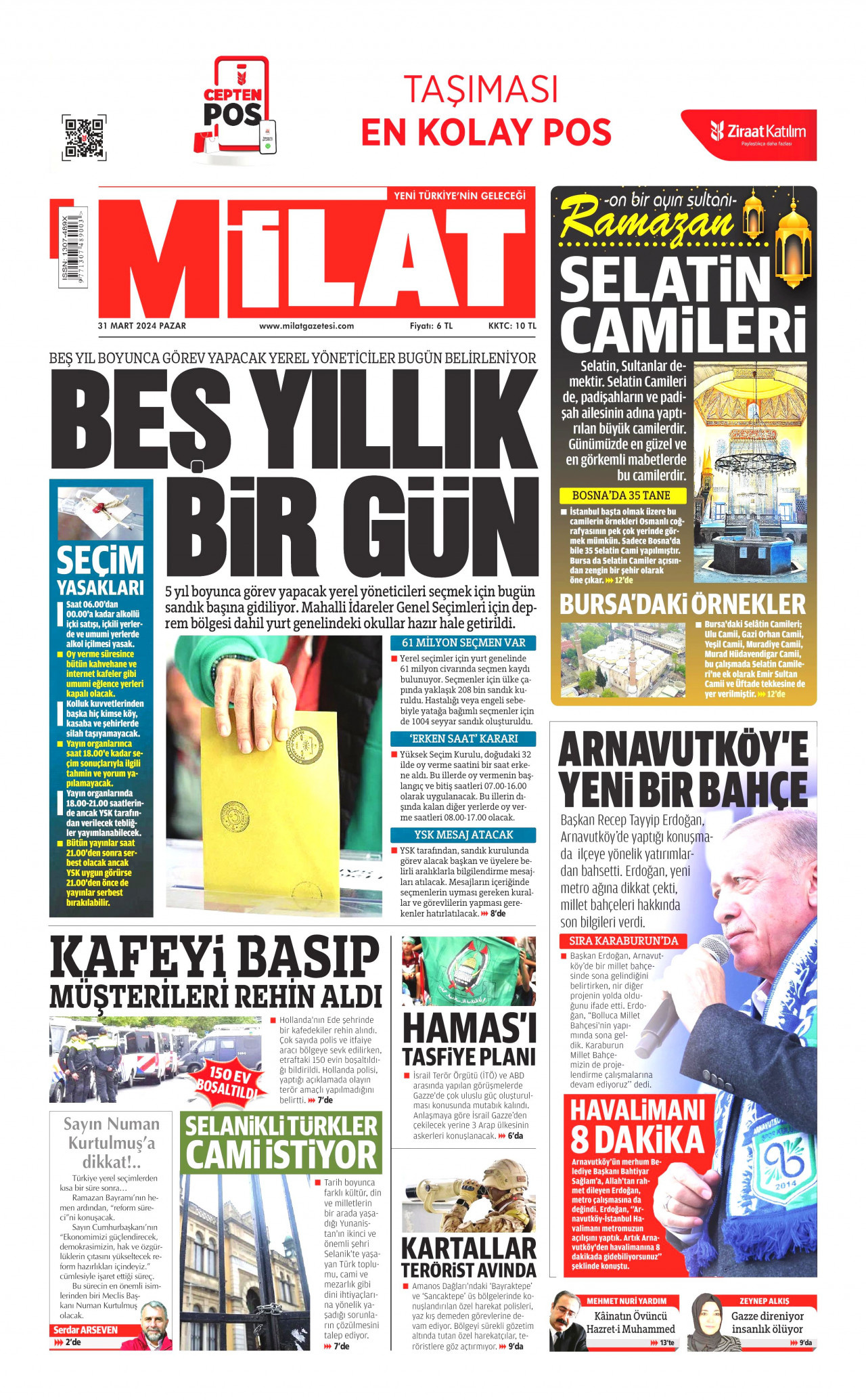 MİLAT gazetesinin 31 Mart 2024 tarihli birinci sayfası