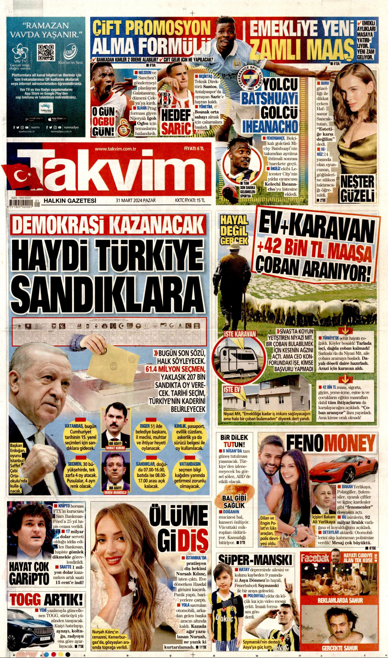 TAKVİM gazetesinin 31 Mart 2024 tarihli birinci sayfası